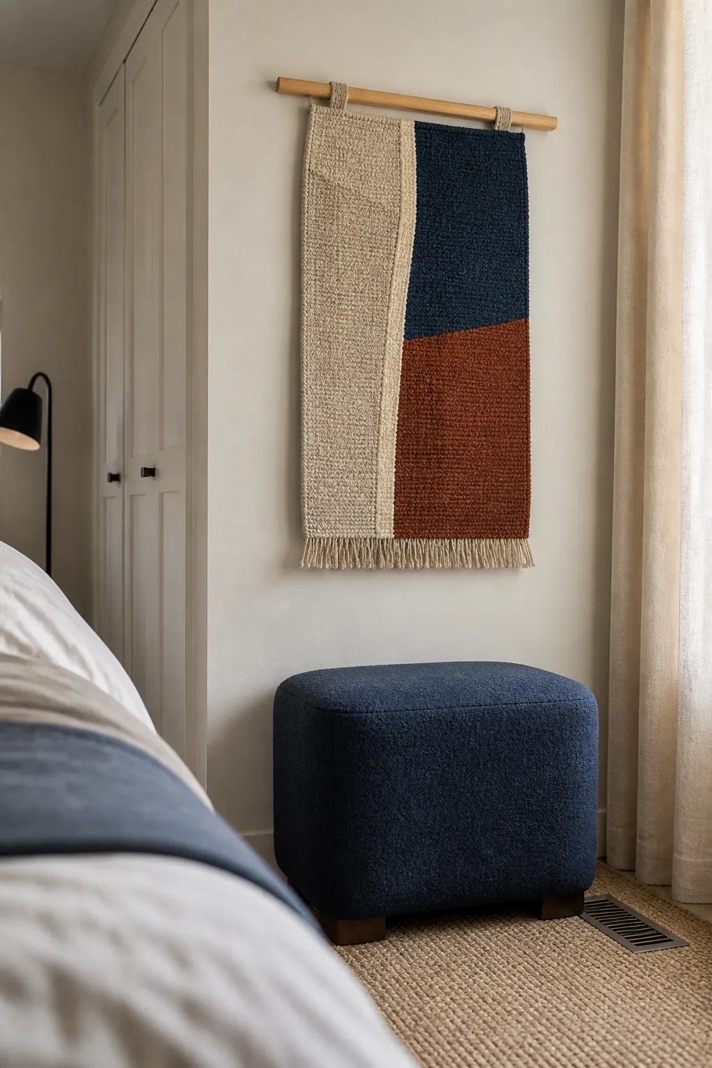 Woven textile hanging adding softness to small wall decor ideas