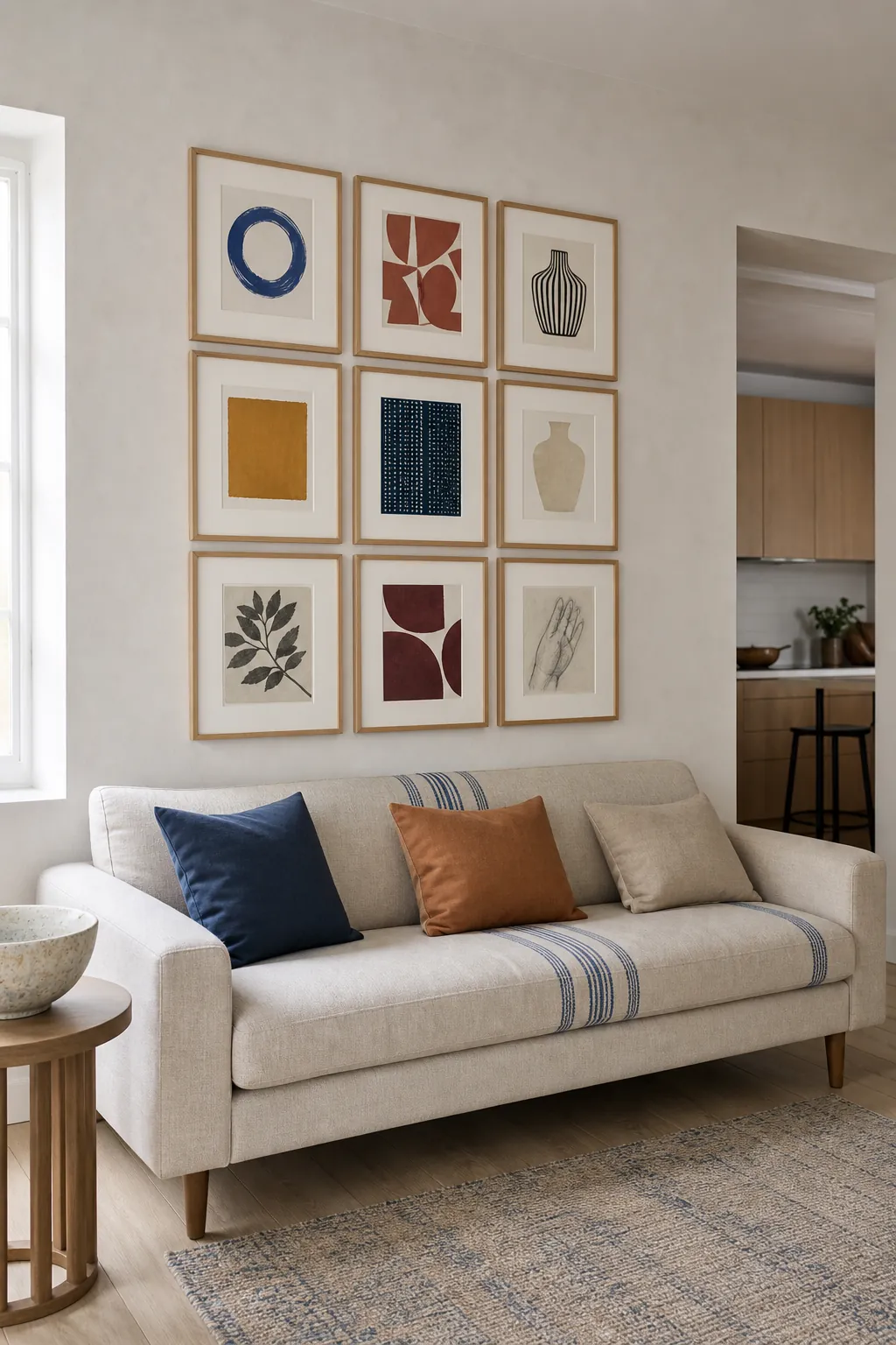 Balanced nine frame gallery wall above a neutral sofa