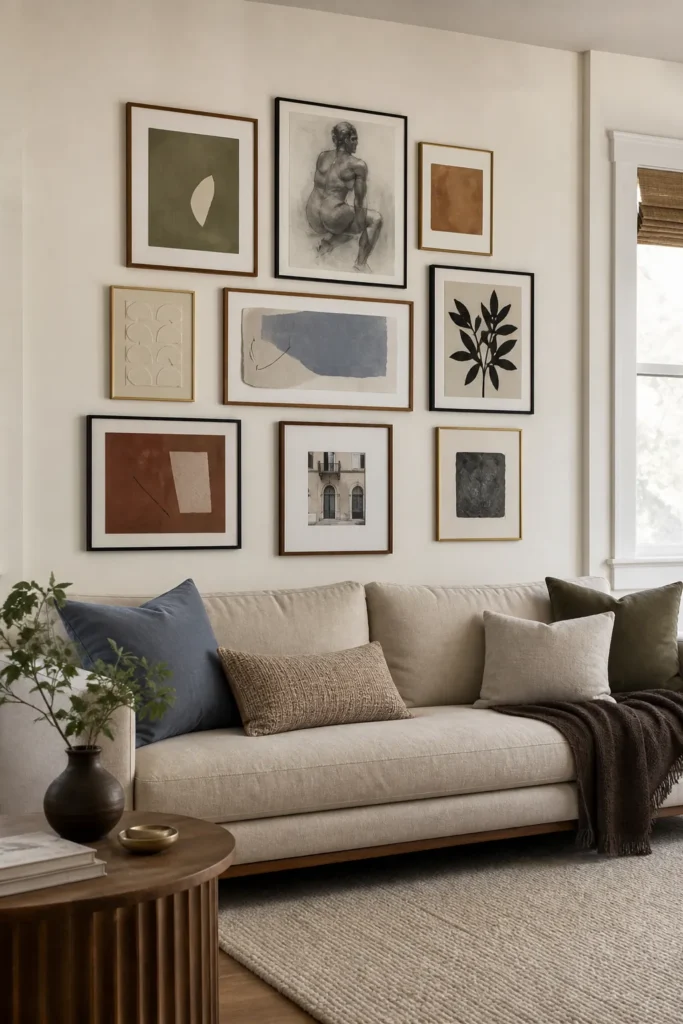 Layered above sofa gallery wall with balanced spacing and varied art