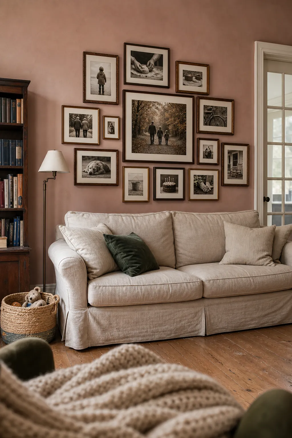 Organic family picture wall behind a linen sofa