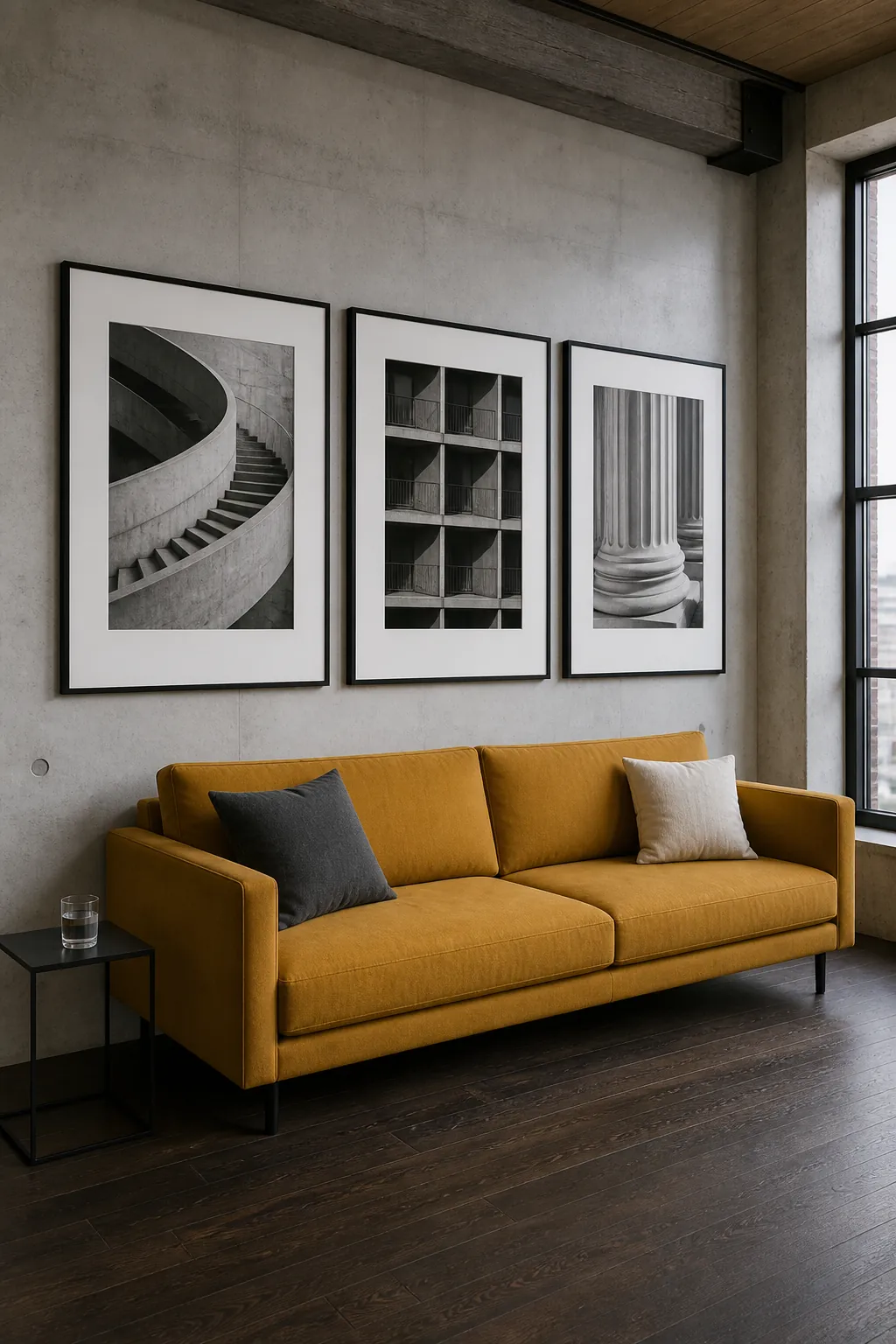Three black and white architecture prints in a frame layout above a sofa
