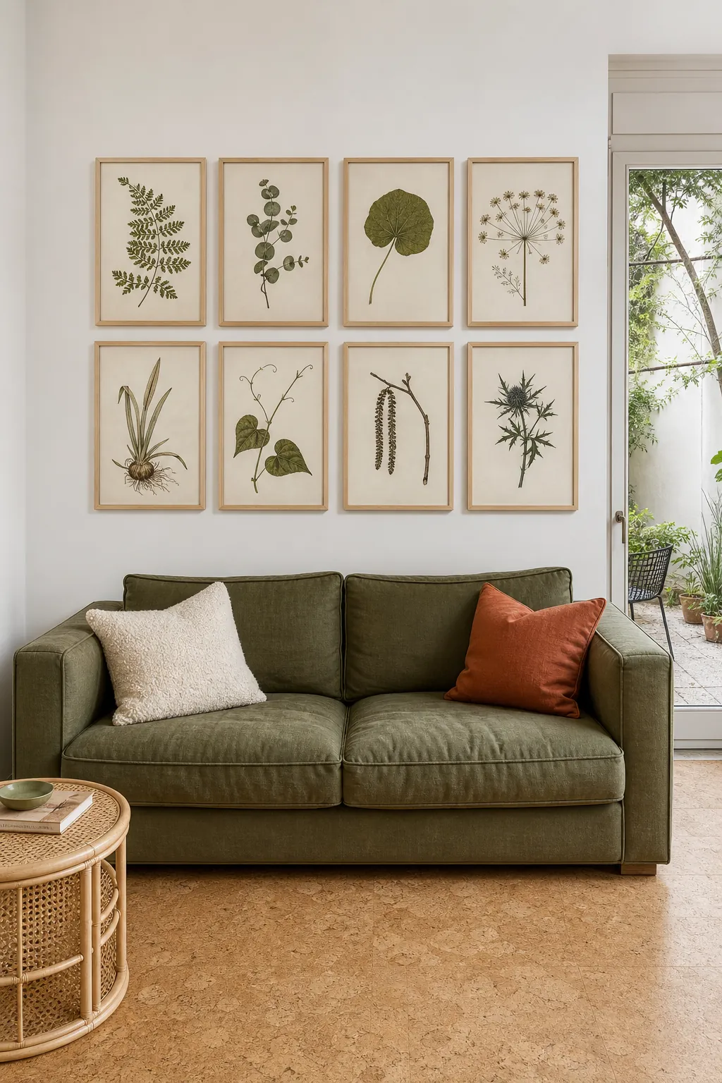 Botanical study gallery wall above a green couch