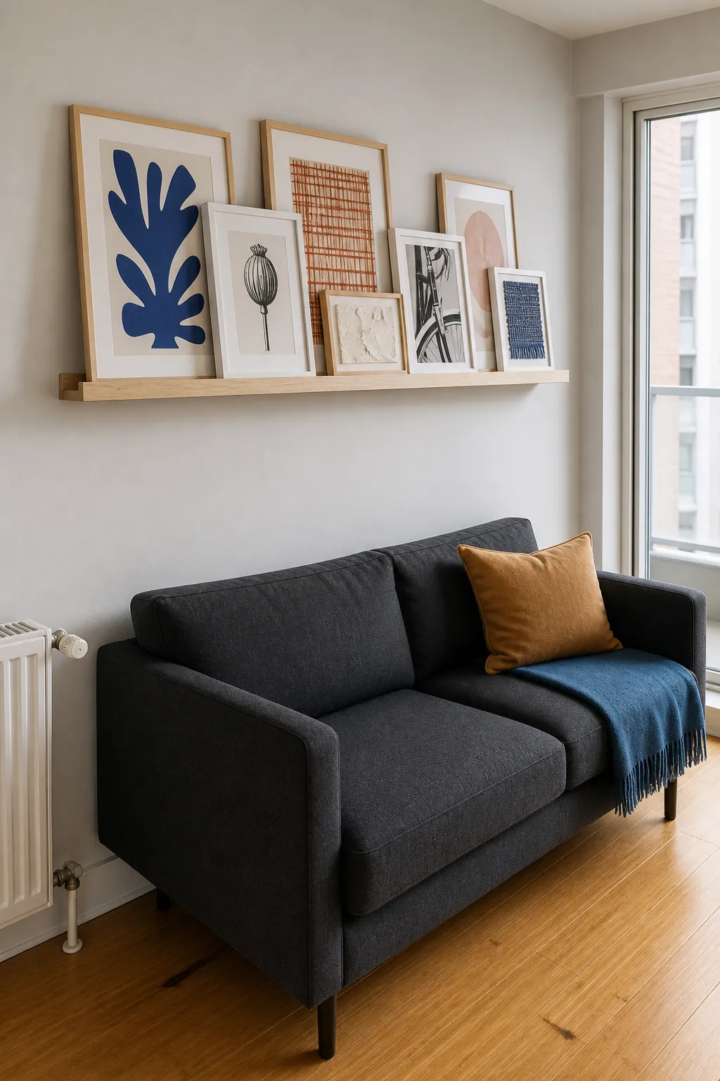 Layered picture ledge gallery wall over a compact sofa