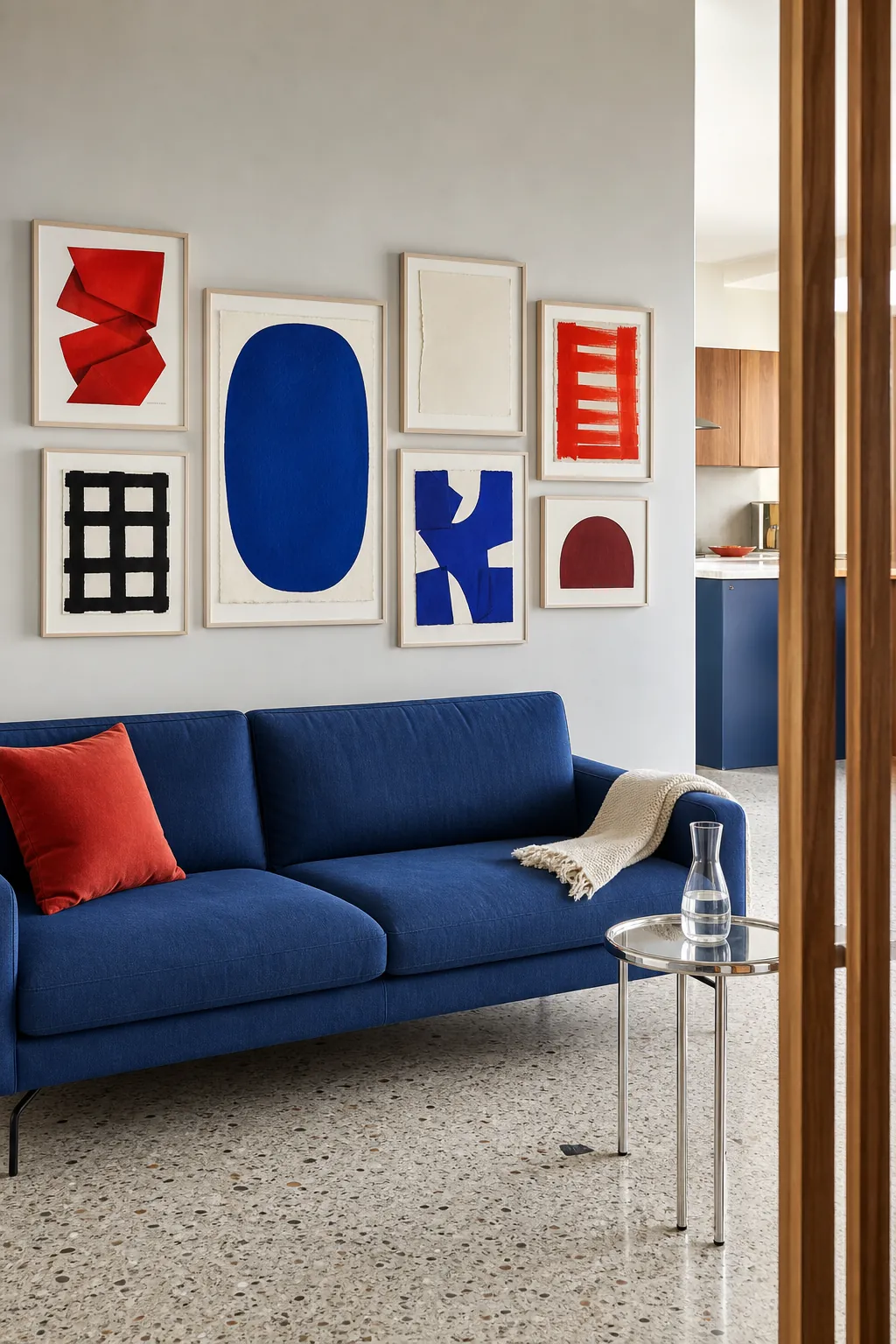 Colorful modern living room wall decor ideas above a blue sofa