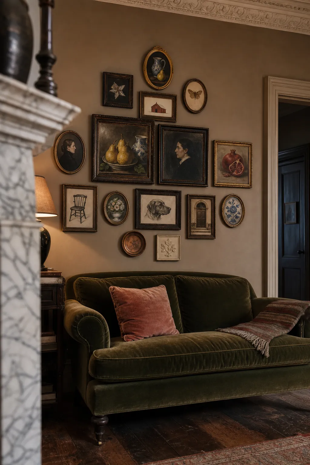 Collected vintage salon gallery wall over a velvet couch