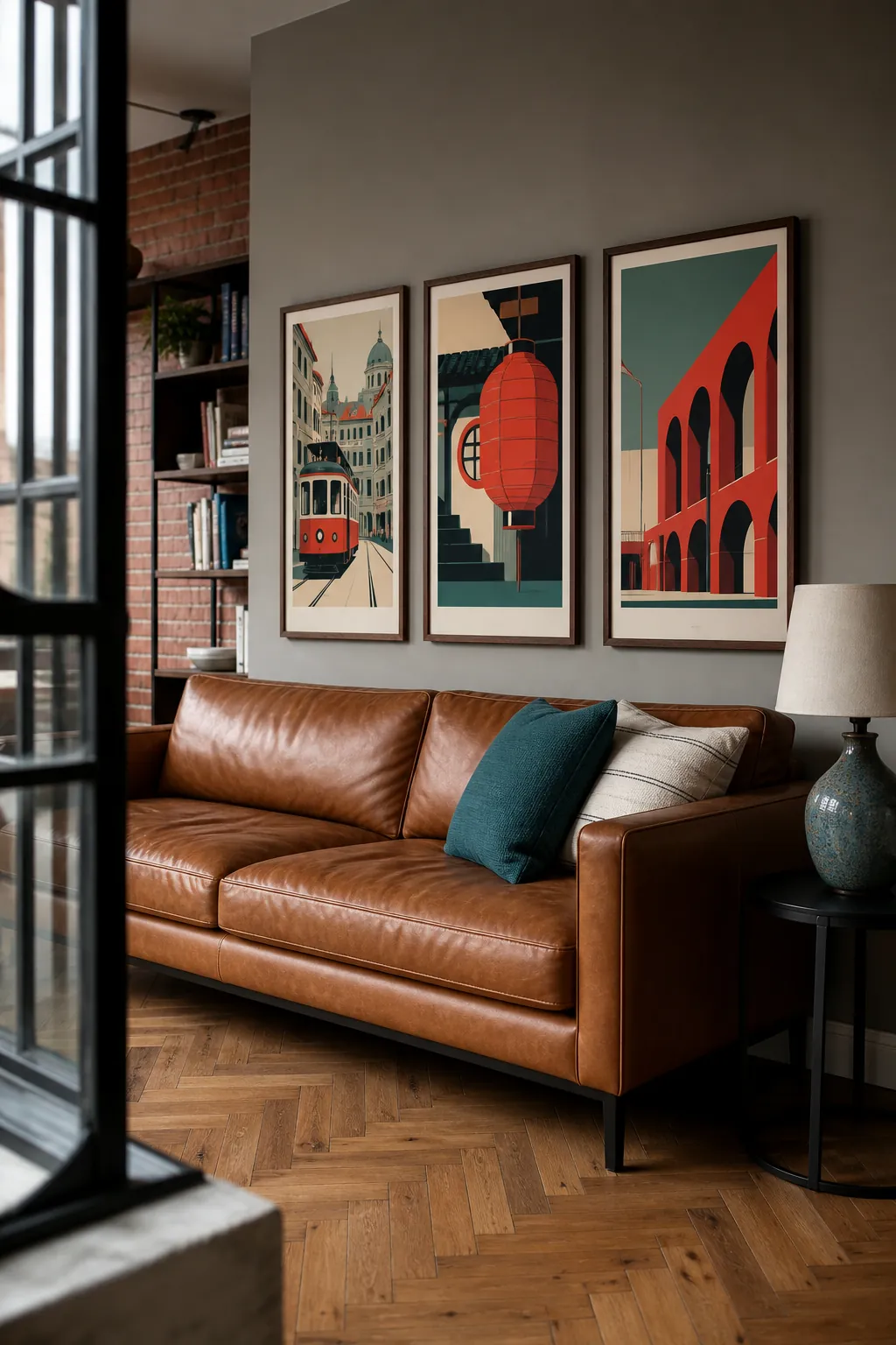 Graphic travel poster row arranged above a leather sofa