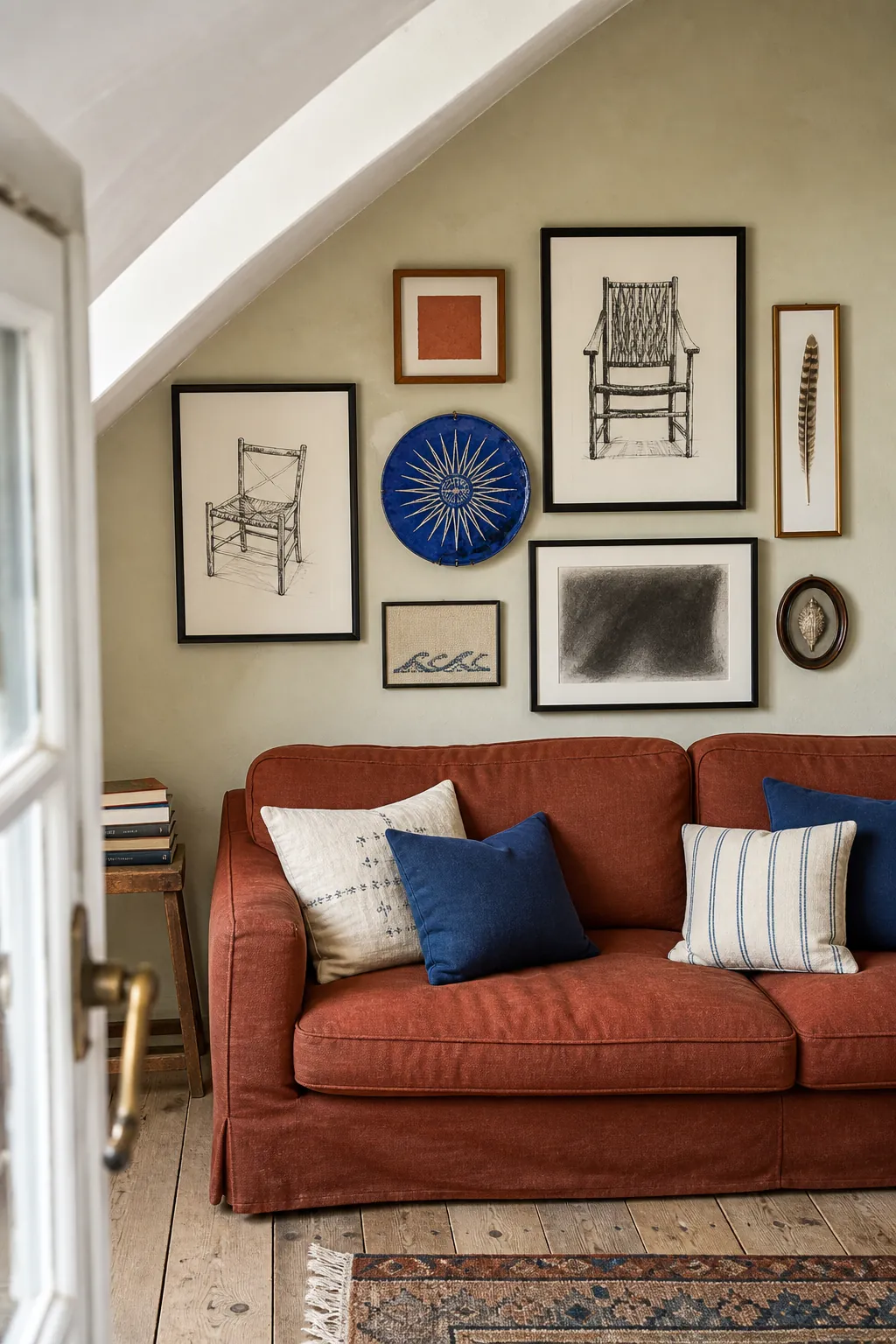 Eclectic picture wall behind sofa with one round ceramic accent
