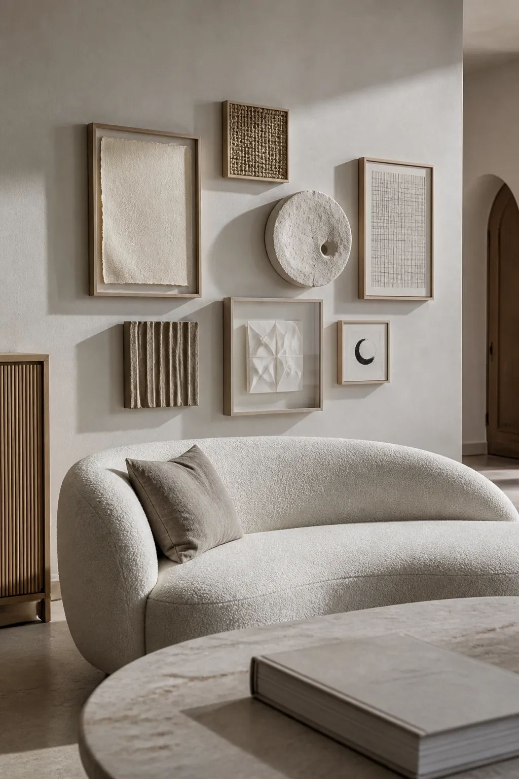Neutral texture gallery wall behind a curved cream sofa