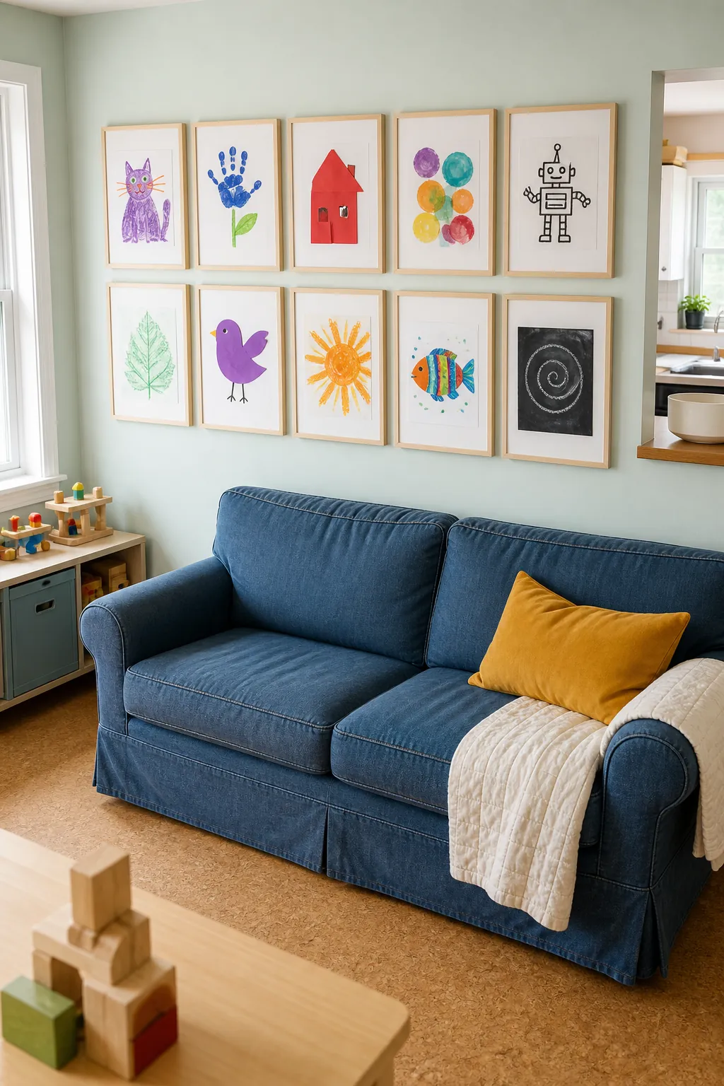Children art gallery wall above a family room sofa