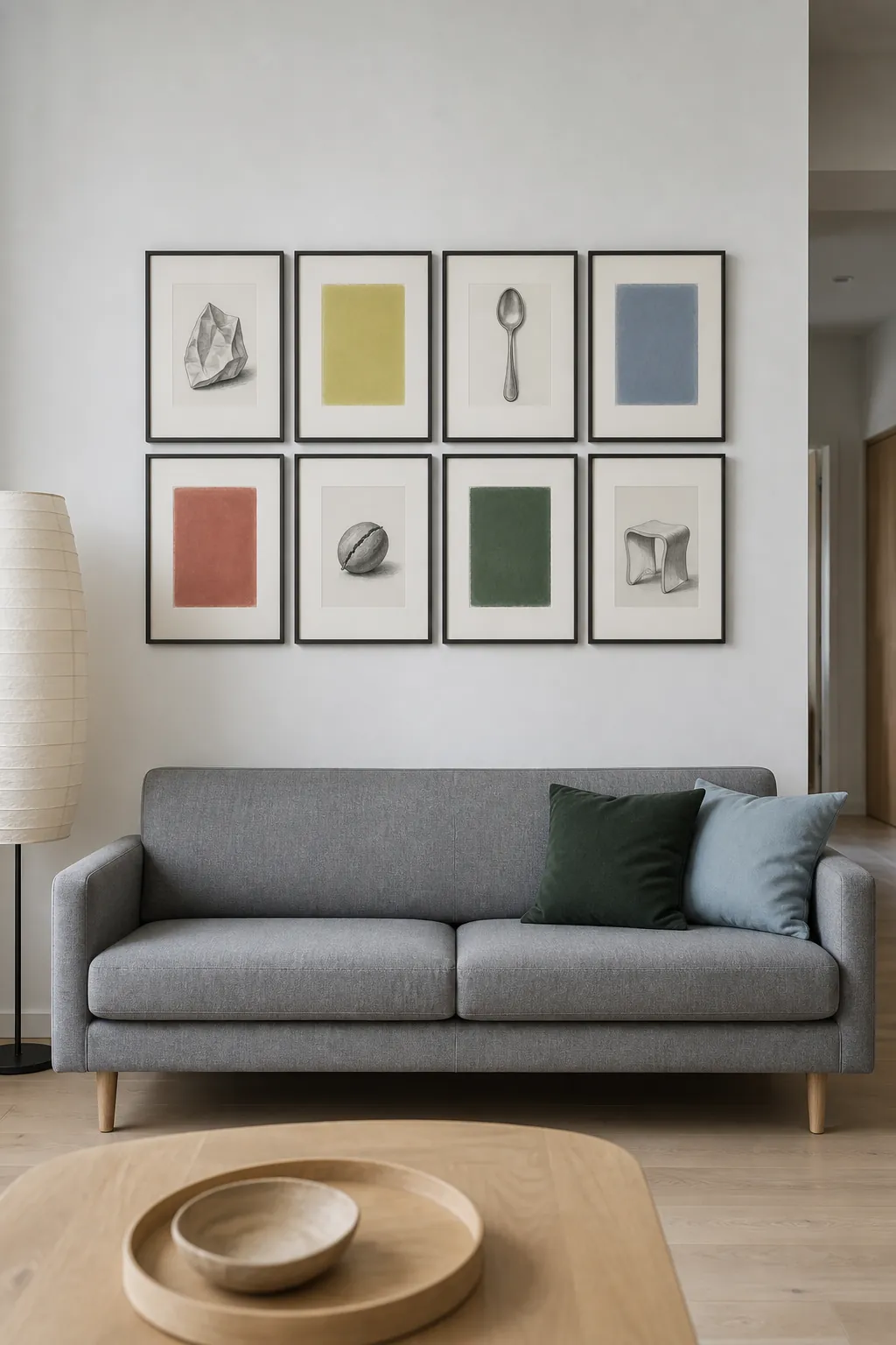 Minimal two row gallery wall over a gray couch