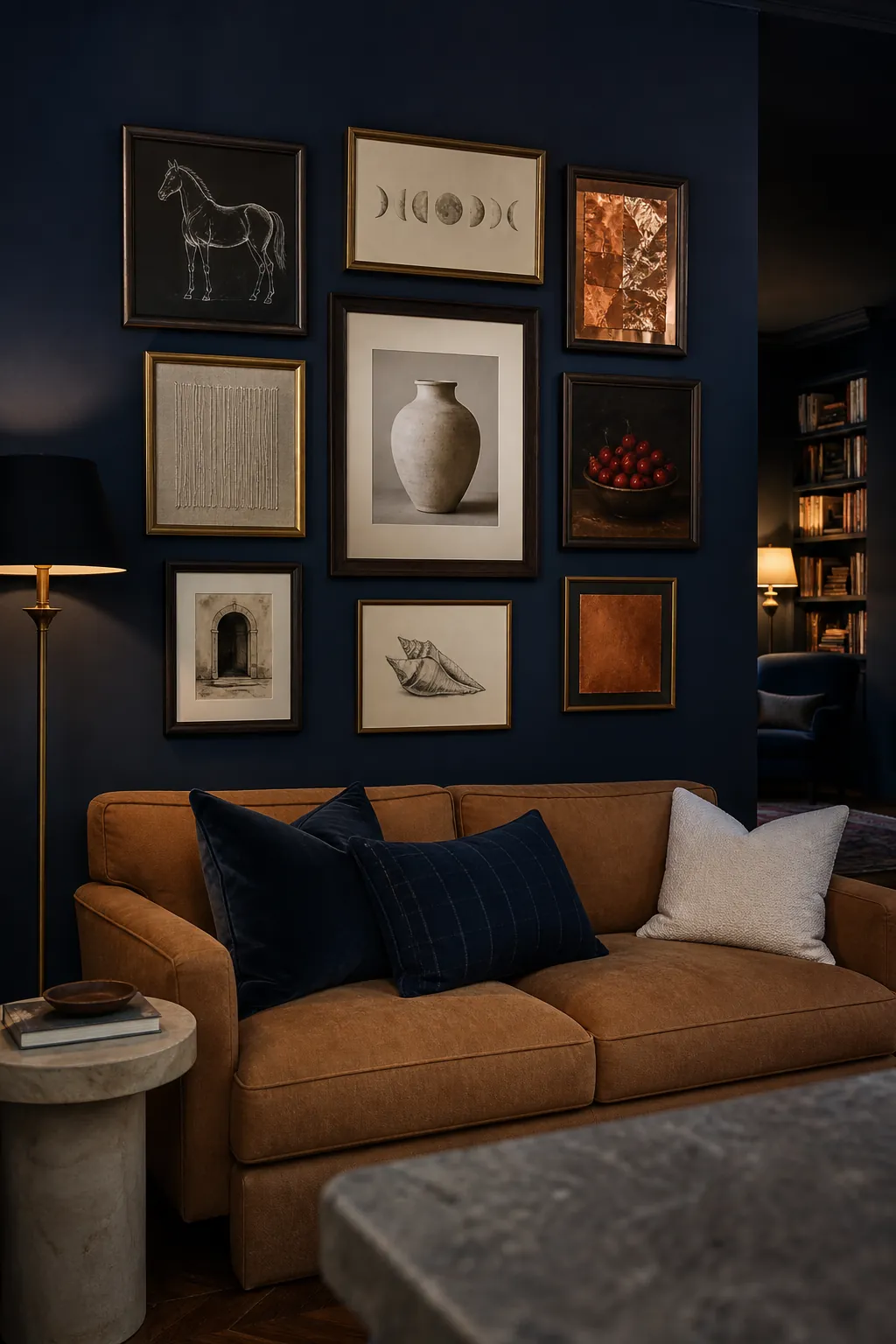 Dramatic gallery wall over couch on deep blue paint