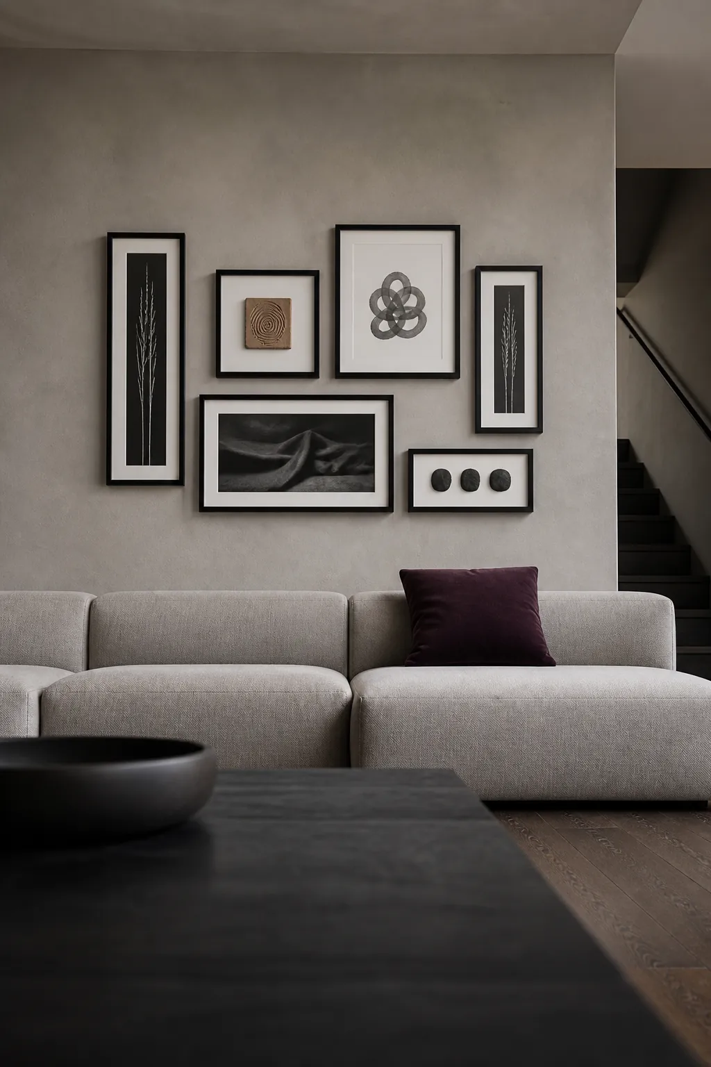 Sculptural black frame layout above a low modern sofa