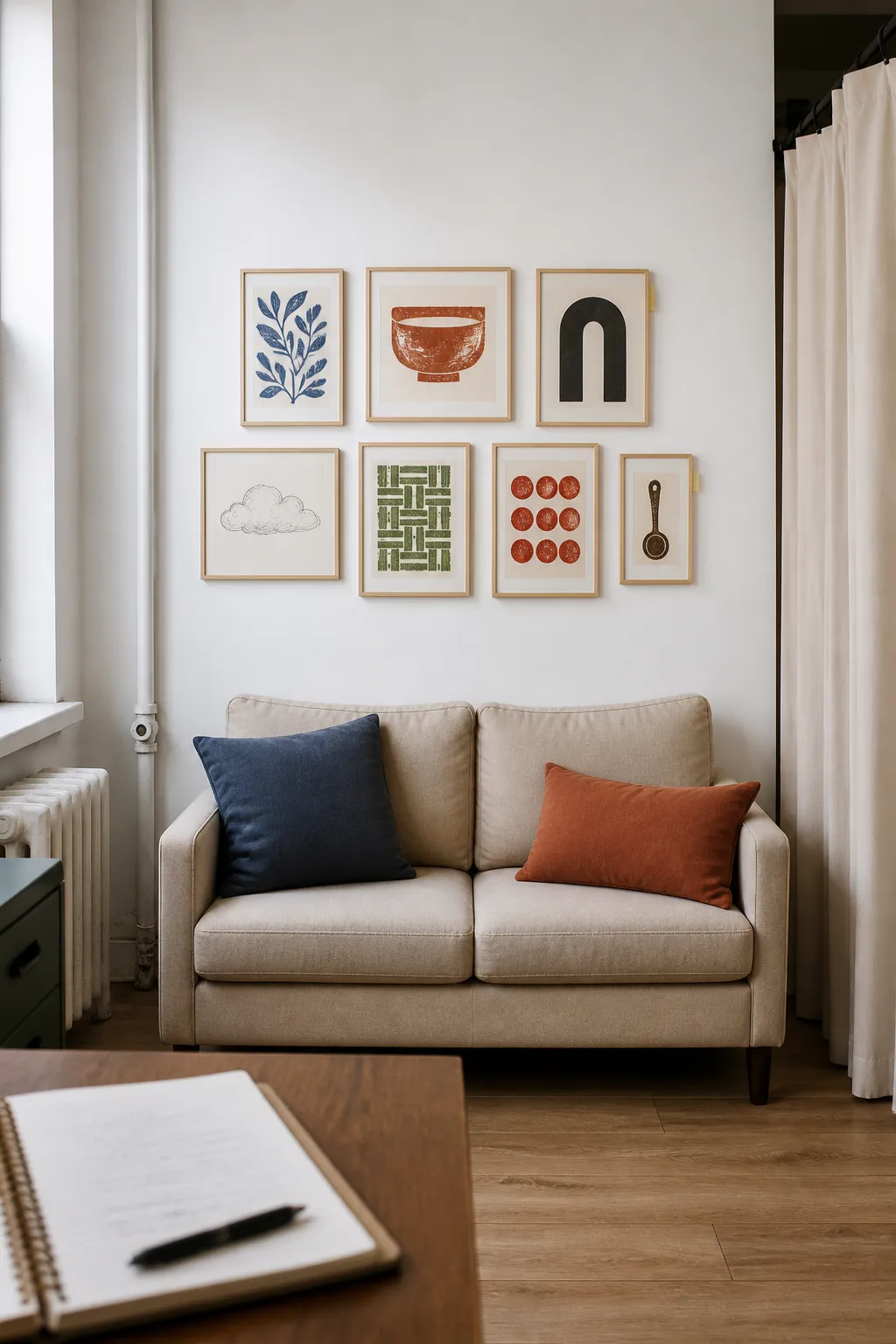 Rental friendly lightweight gallery wall above a small couch