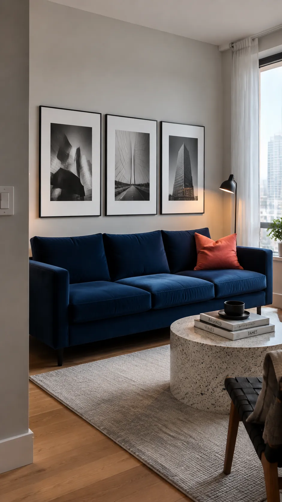 Black and white triptych arranged above a contemporary sofa