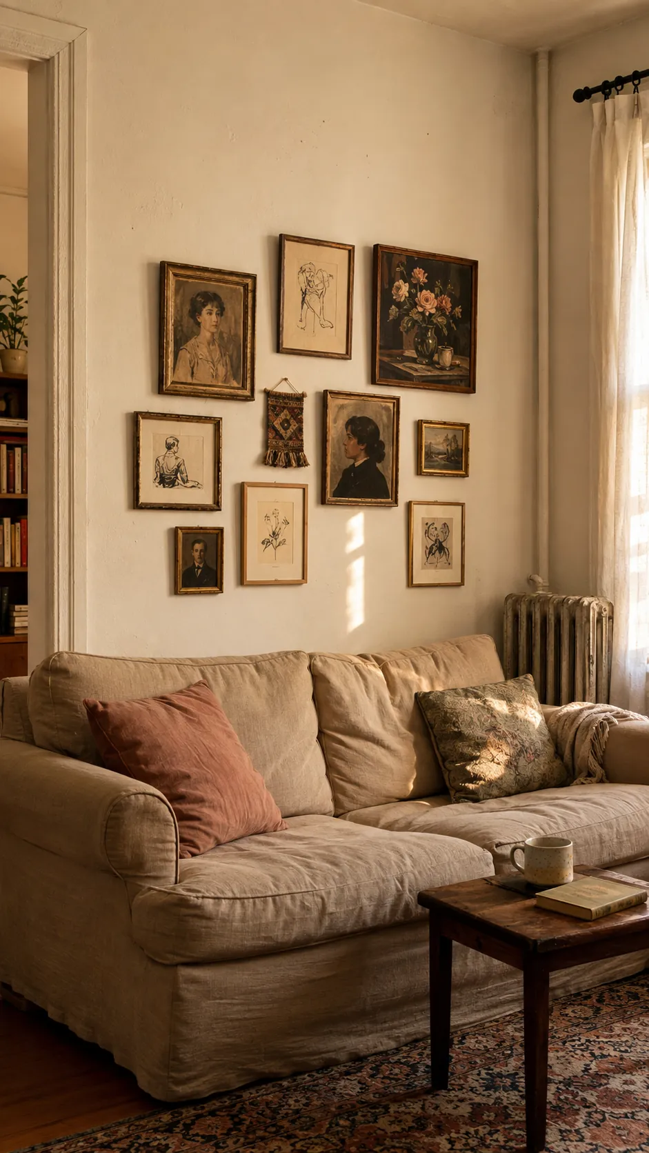 Collected salon gallery wall displayed behind a linen sofa