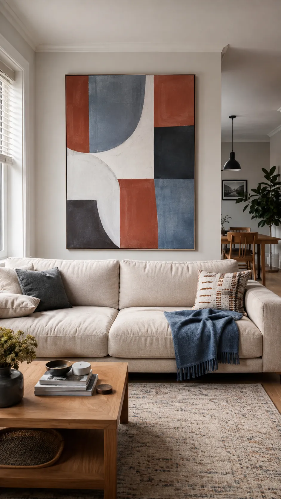 Oversized abstract wall art centered above a neutral sofa