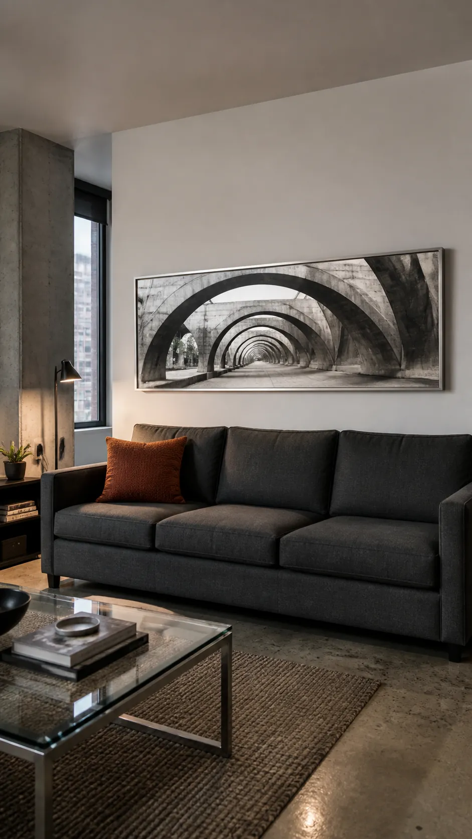 Panoramic architecture photograph above a tailored living room sofa