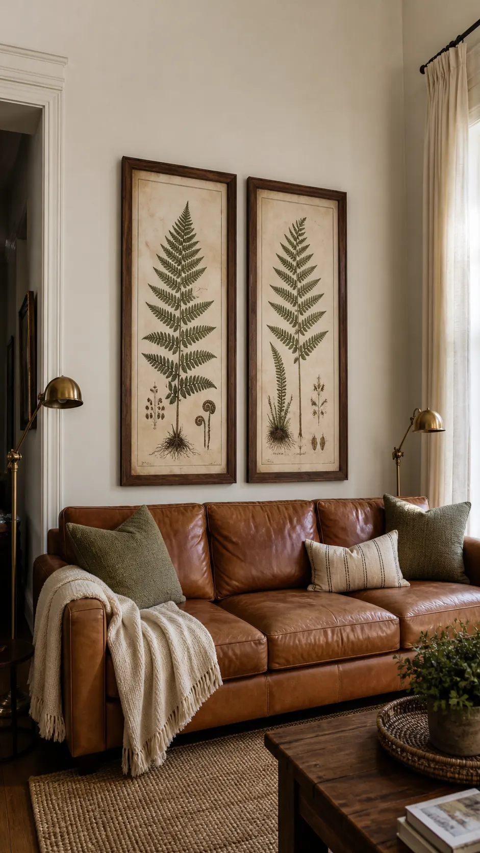 Two vertical botanical prints above a warm leather sofa