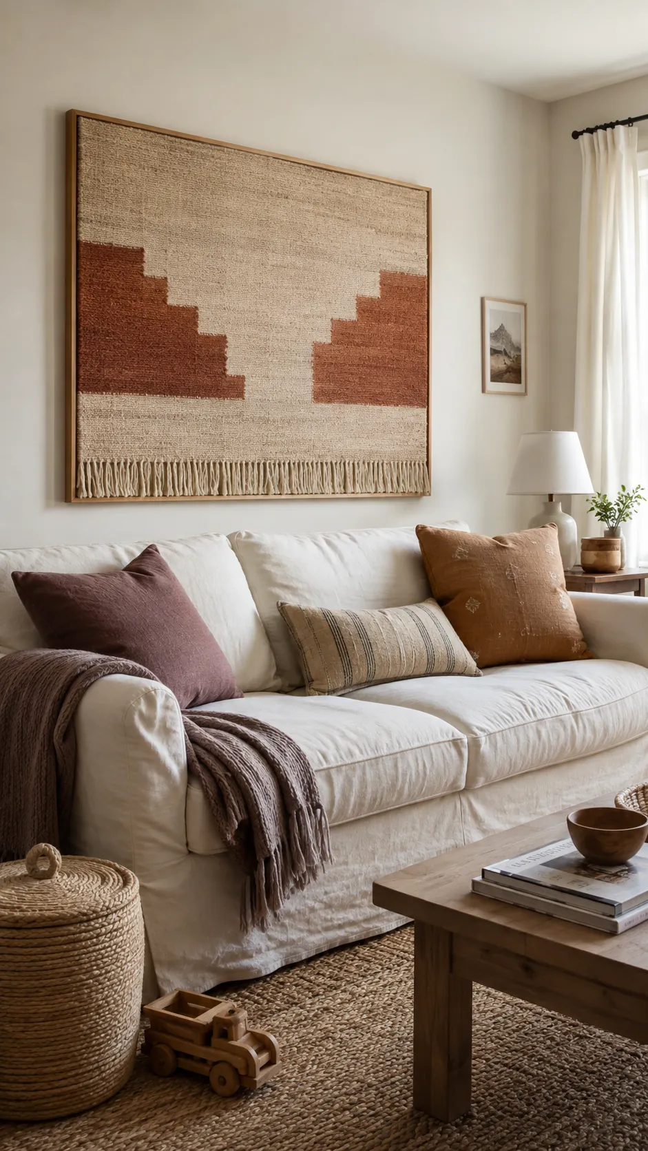 Textured woven textile panel above a relaxed cream sofa
