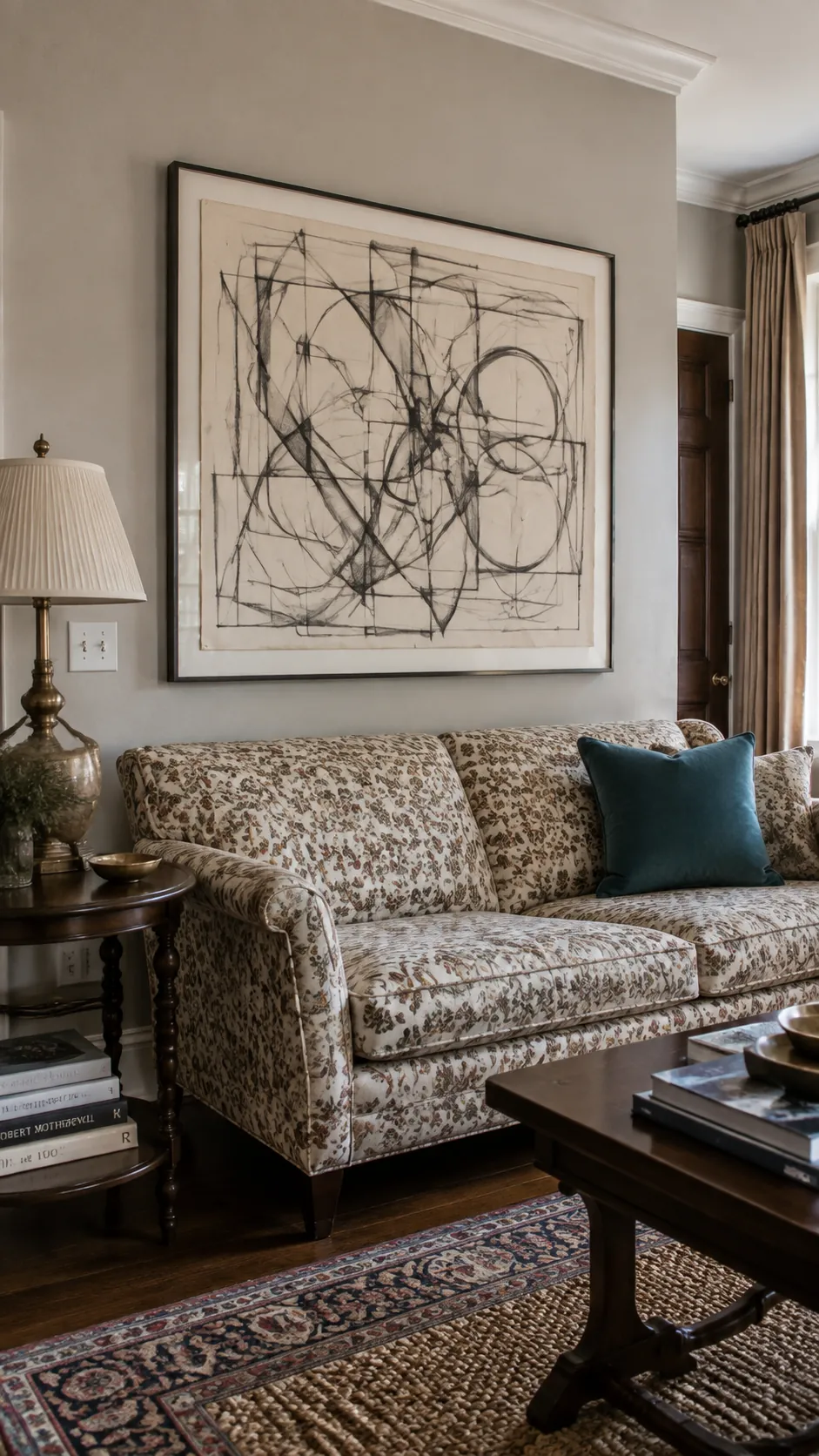 Quiet charcoal line drawing displayed over a patterned sofa
