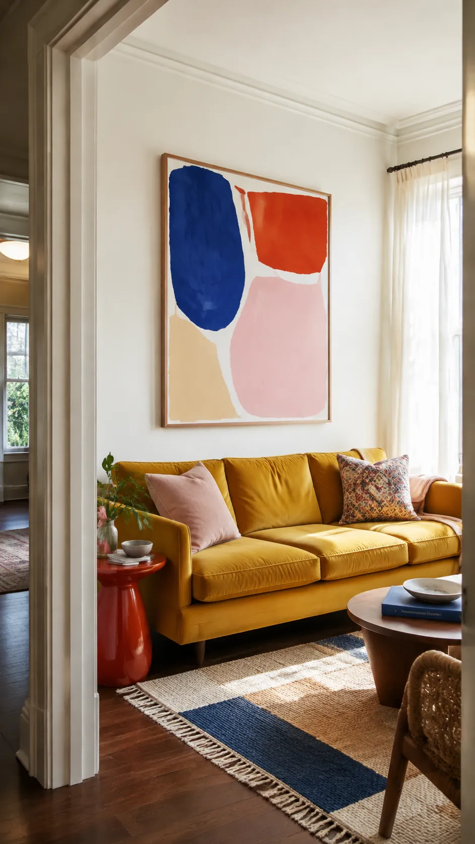 Large color block print connecting colors in a bright living room
