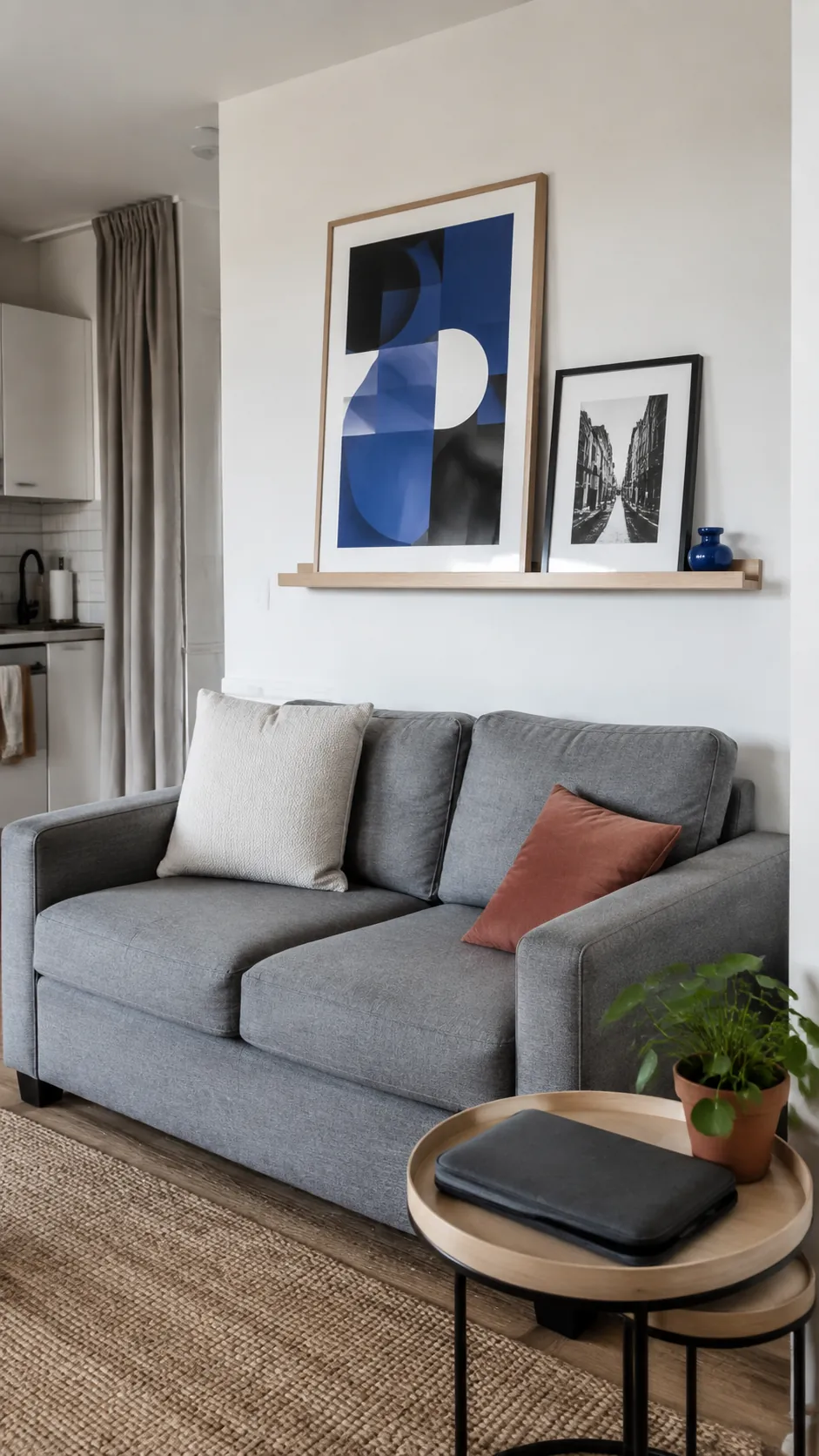 Layered picture ledge styling above a compact apartment sofa