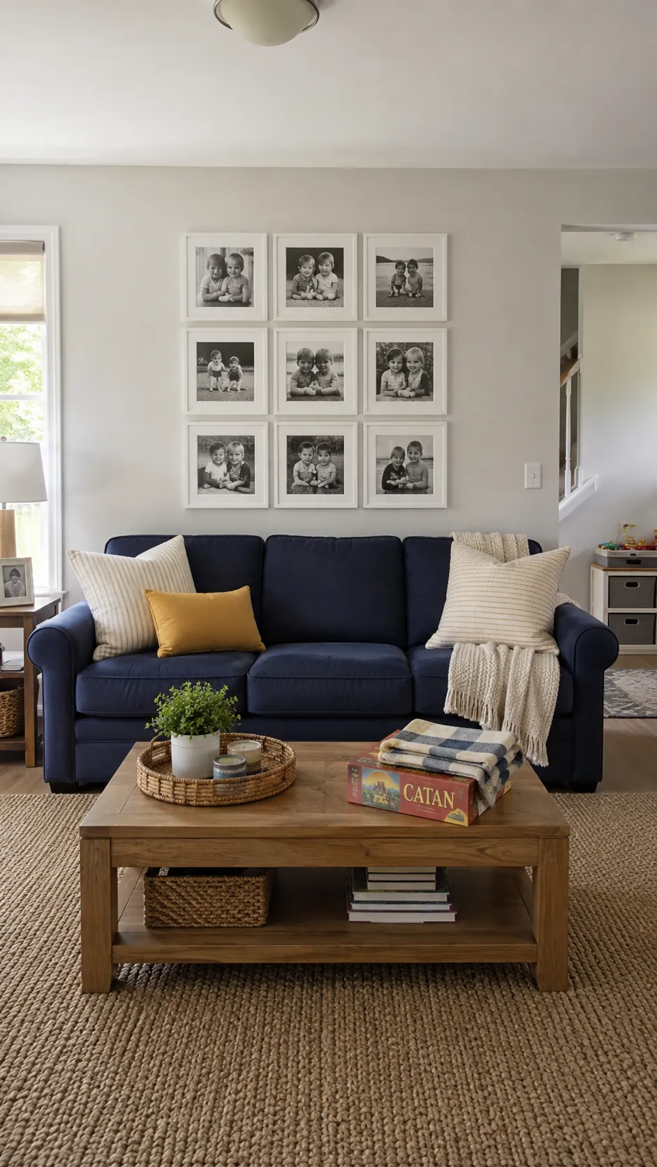 Orderly family photograph grid centered above a blue sofa