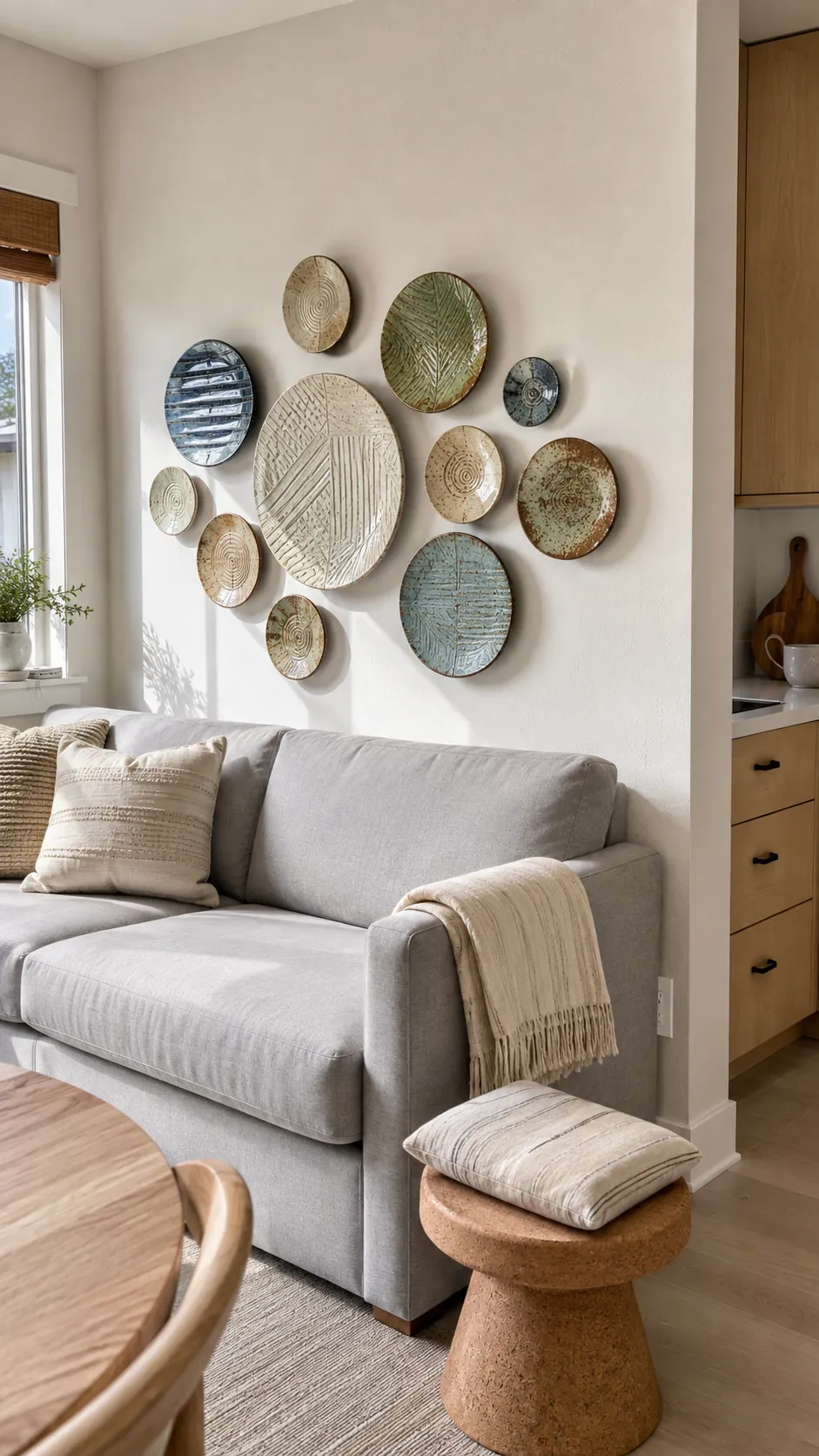 Dimensional ceramic wall discs arranged over a small sofa