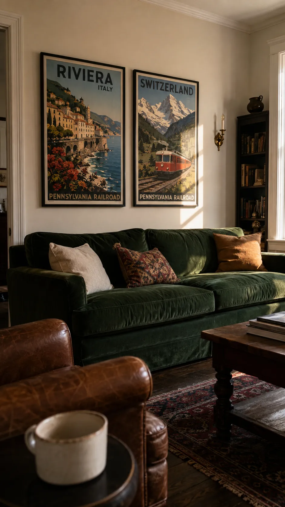 Vintage travel poster pair hanging above a green velvet sofa