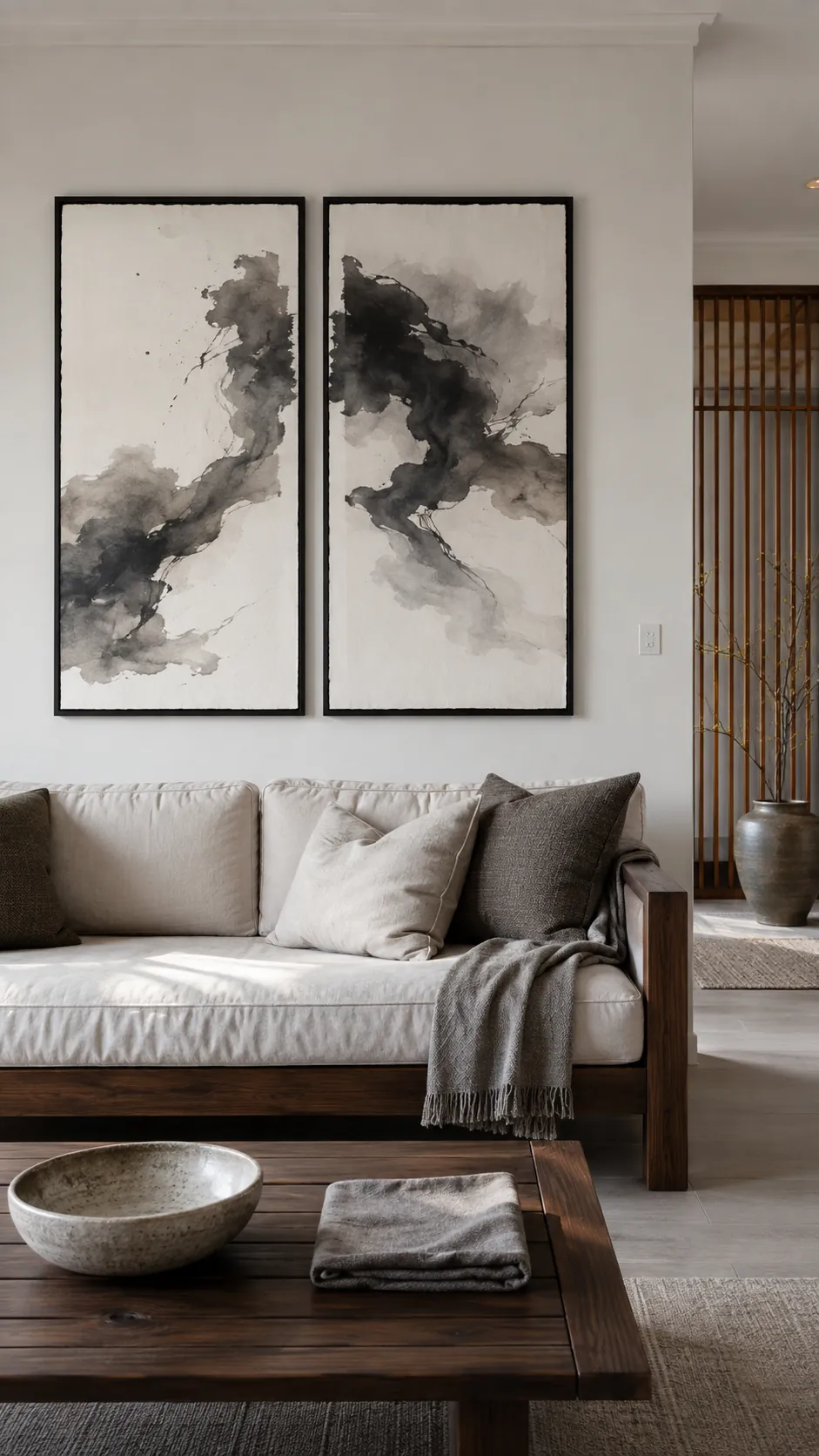 Minimal ink wash diptych above a dark wood framed sofa