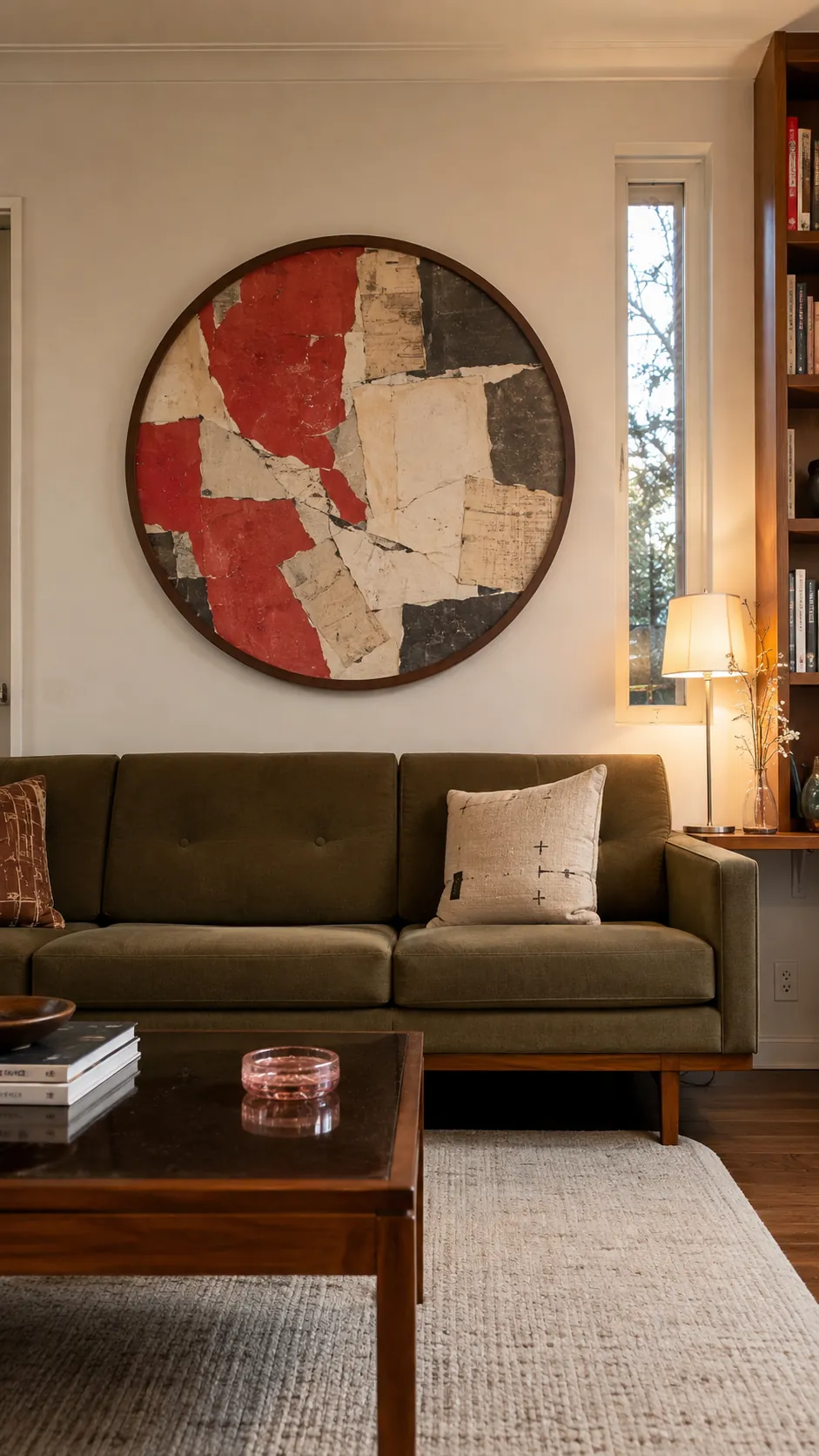 Round framed paper collage centered over a straight sofa