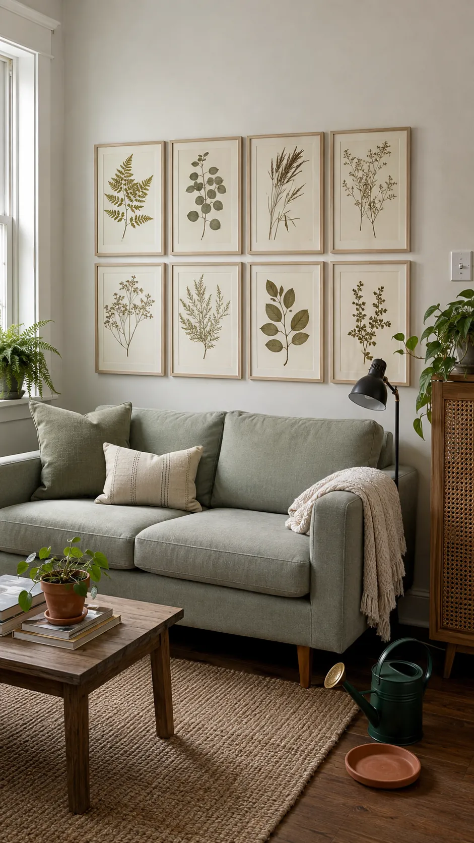Pressed plant specimen grid above a sunlit apartment sofa
