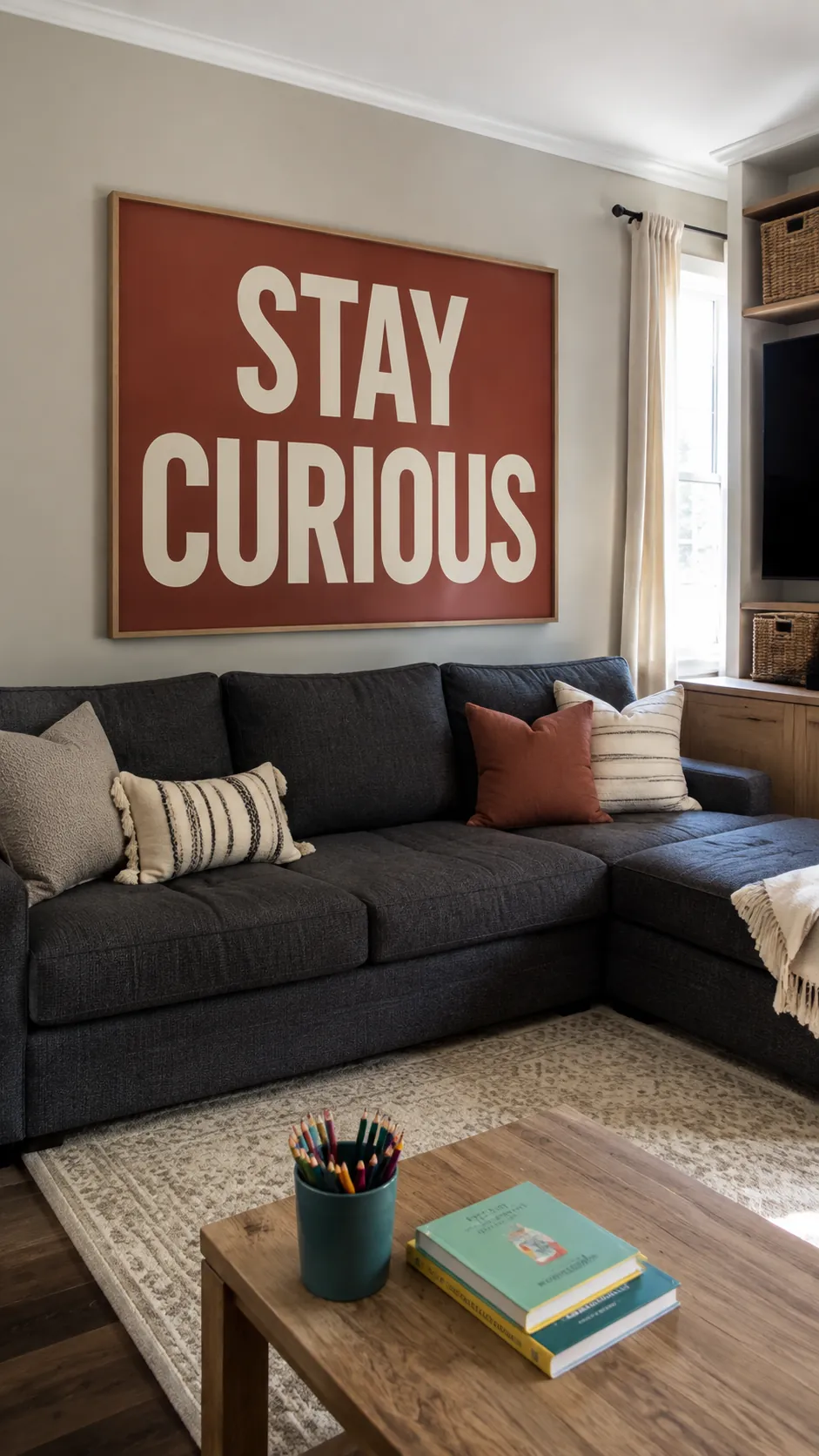 Oversized typographic print above a modern family sofa