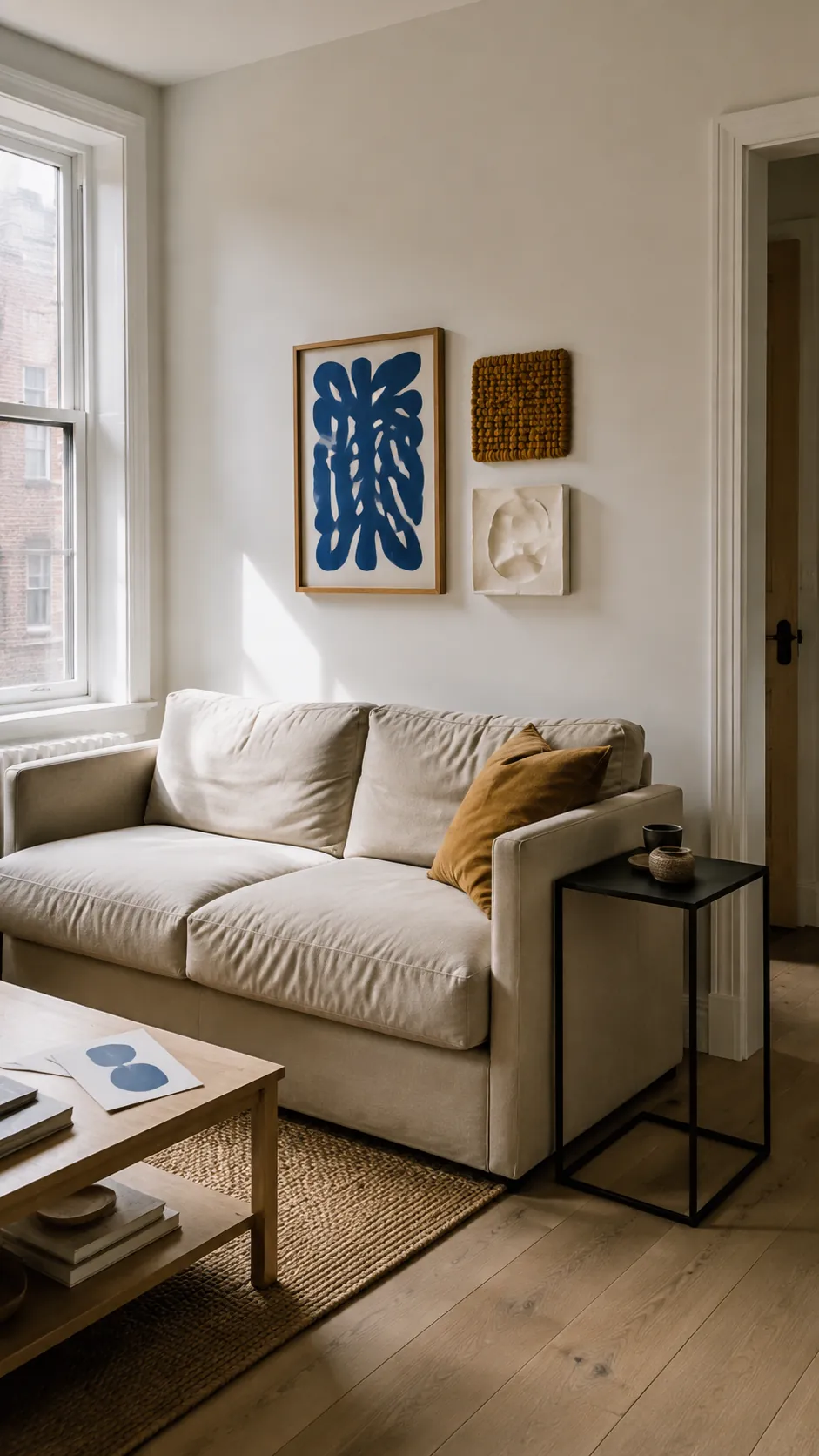 Asymmetrical mixed media wall grouping above an offset sofa