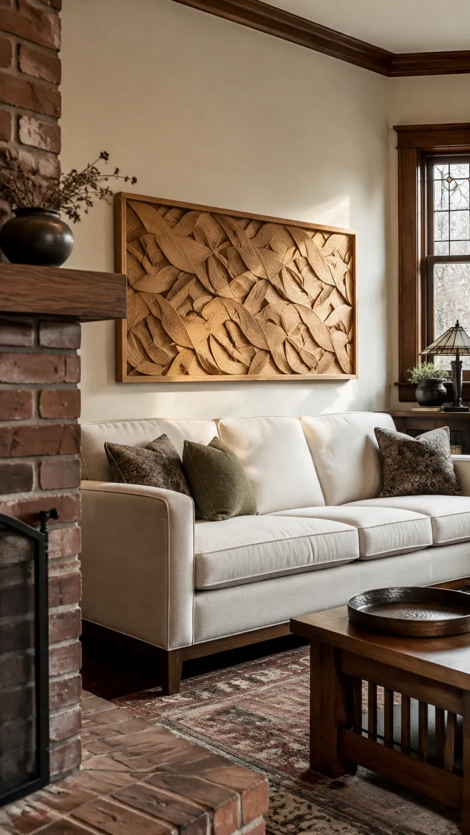 Carved wood wall panel above a softly upholstered sofa