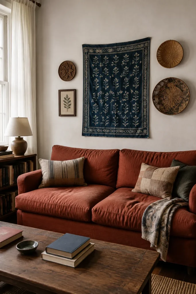 Authentic boho wall decor arranged above a rust linen couch