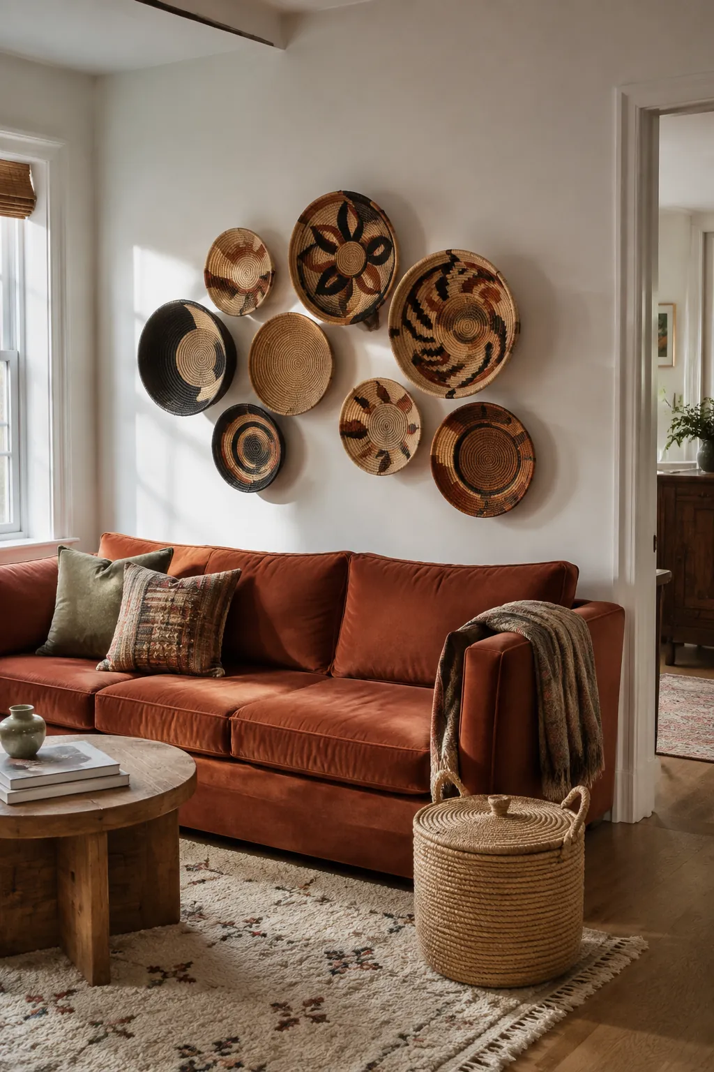 Collected woven basket cluster above a warm sofa