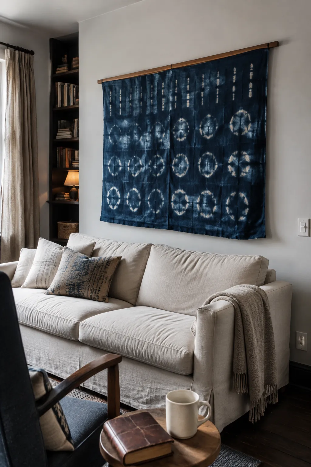 Vintage indigo textile displayed above a neutral sofa