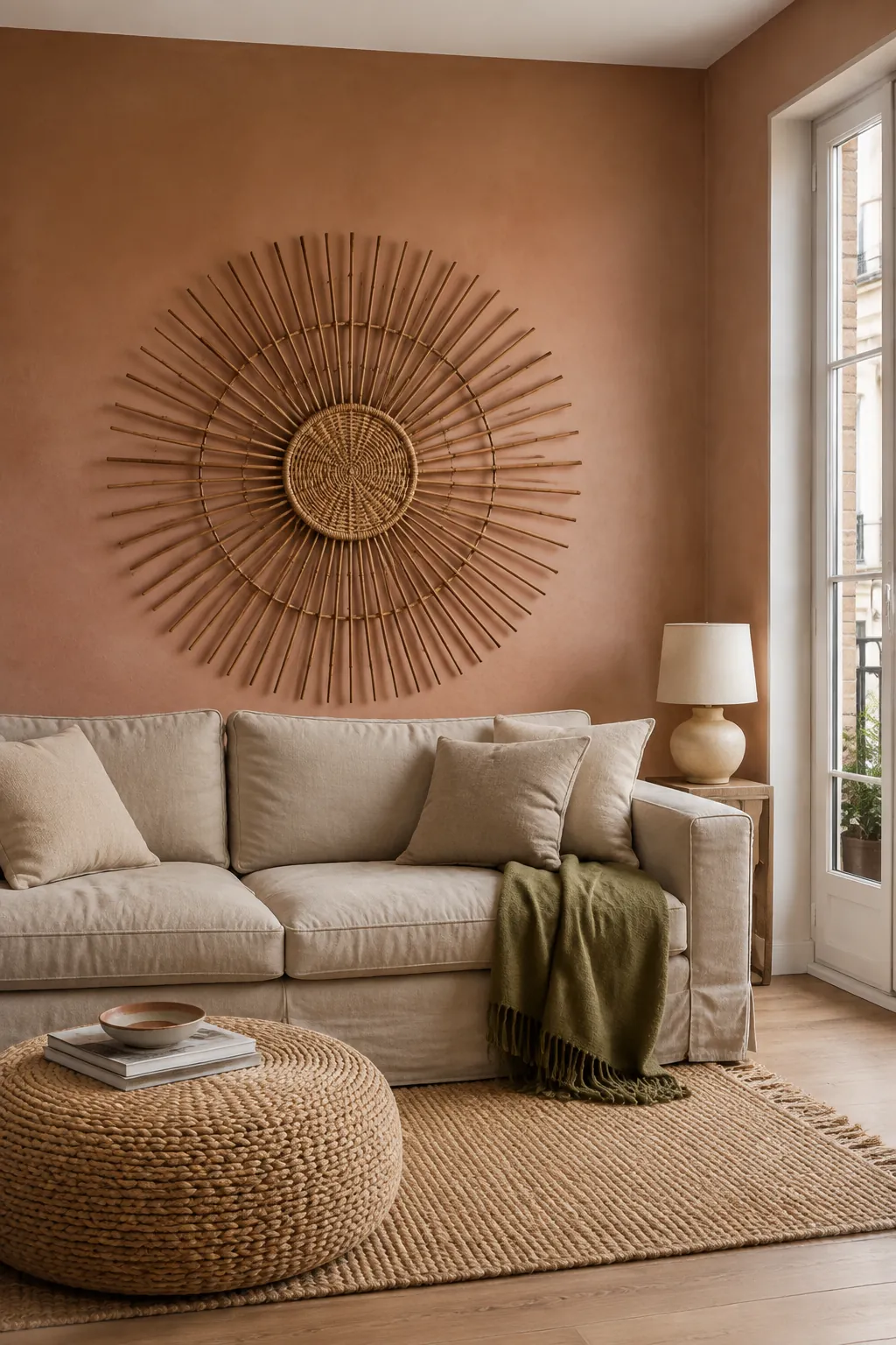 Sculptural rattan sunburst above a relaxed linen couch