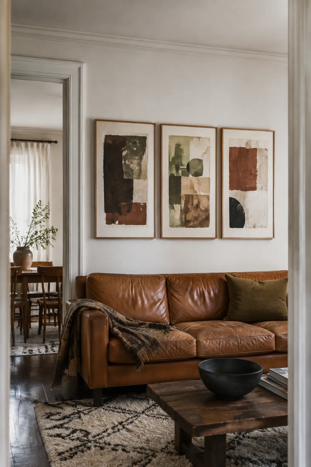 Earthy abstract triptych over a caramel couch