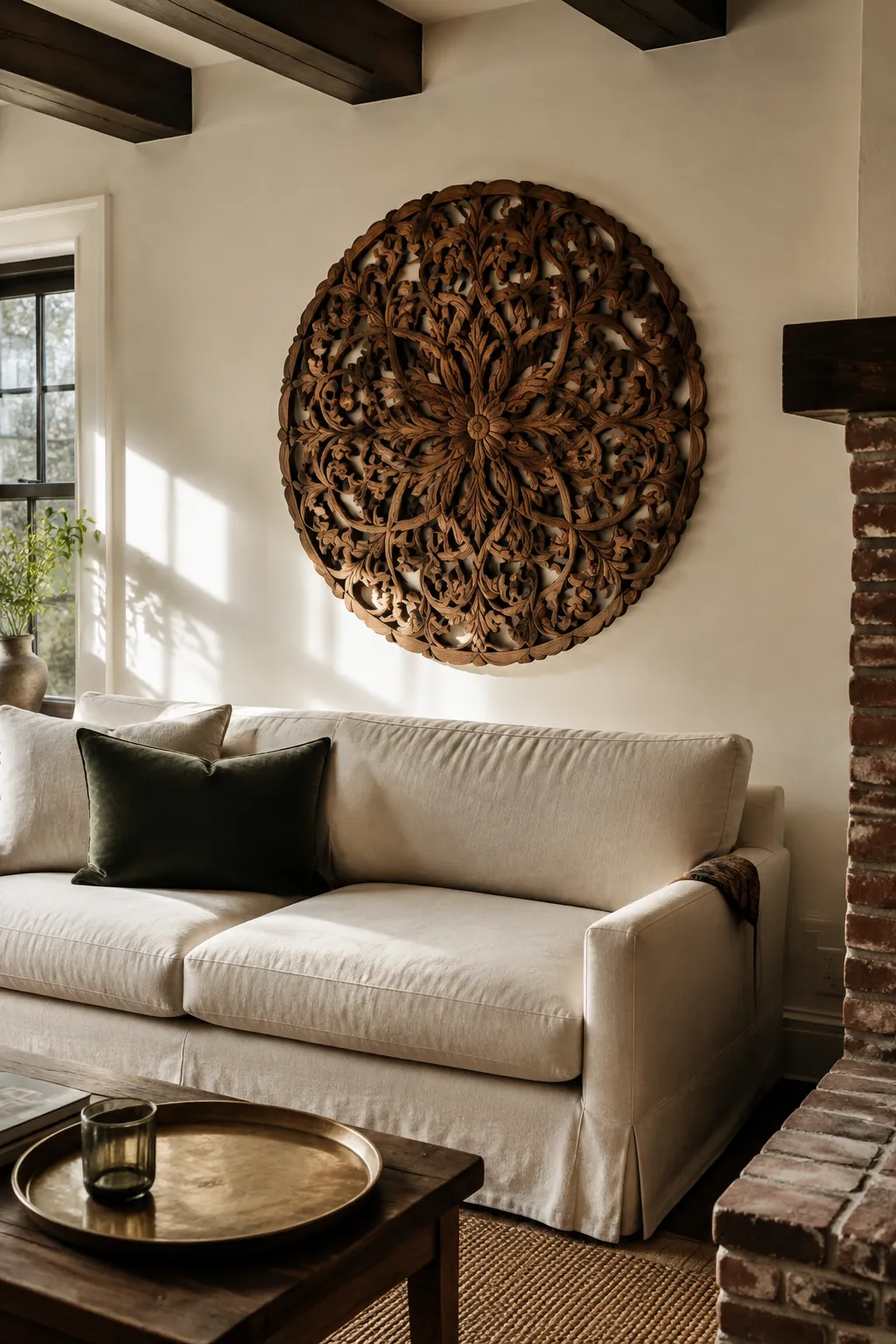 Carved wood medallion centered above a cream couch