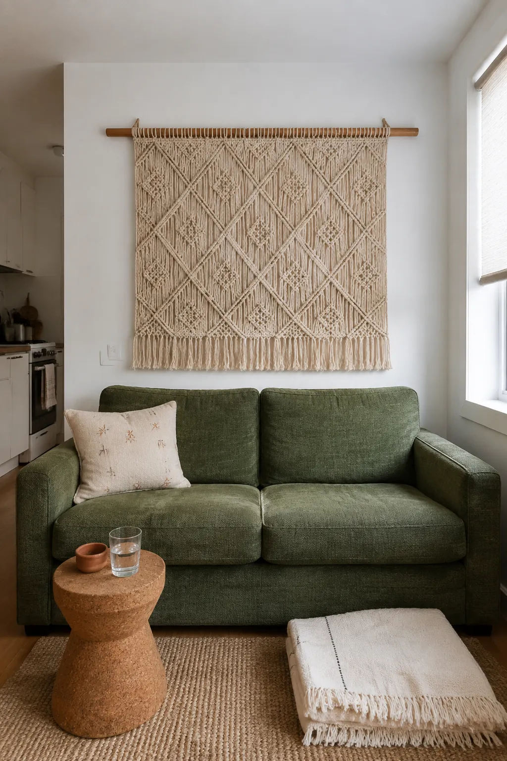 Hand knotted macrame panel above a compact couch