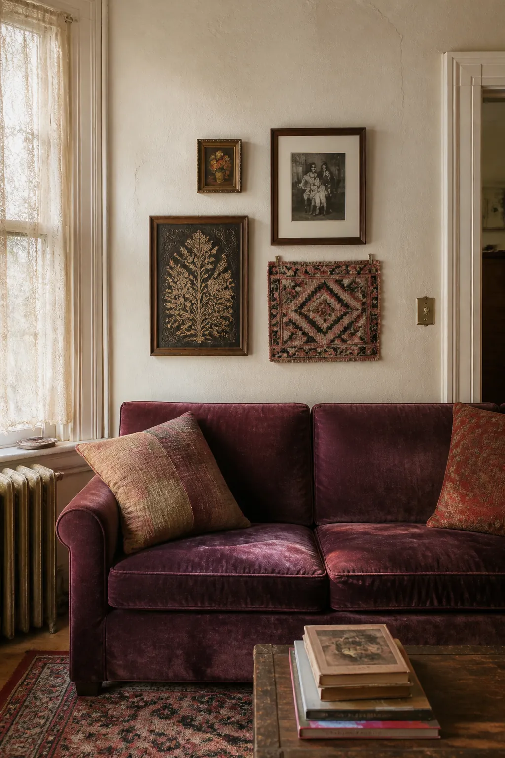 Thrifted bohemian gallery wall above a velvet sofa