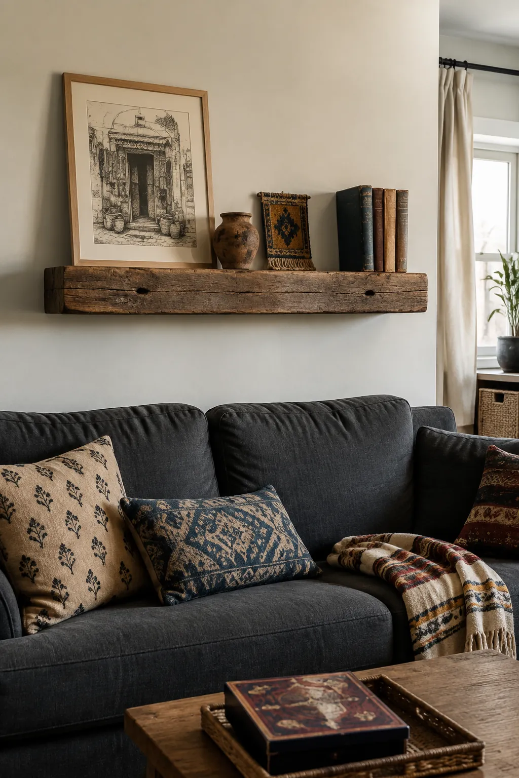Floating shelf of personal treasures over a family couch