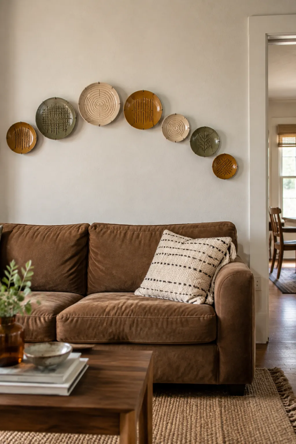 Handmade clay wall plates arranged above a boho couch