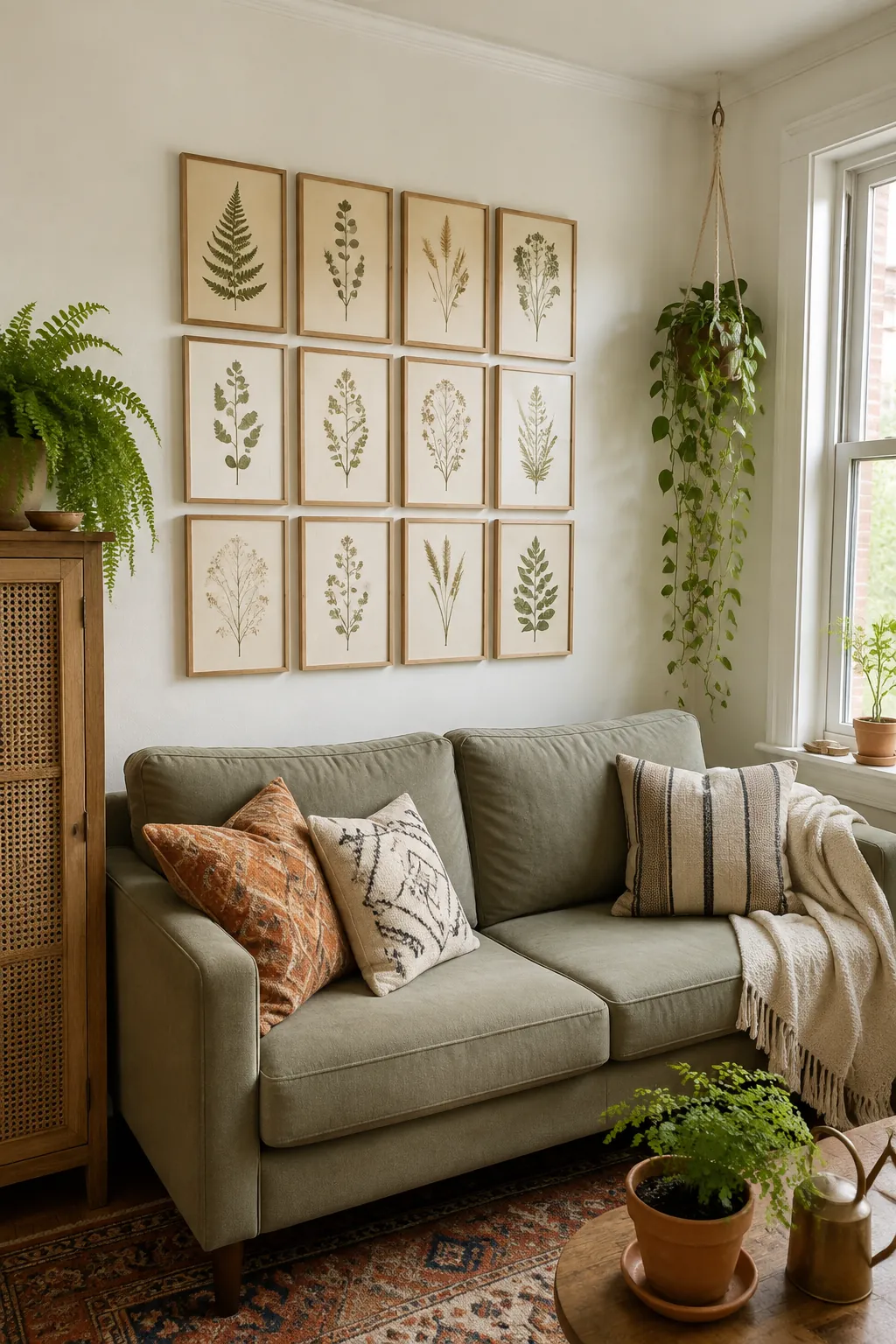 Pressed botanical collection behind a sage green sofa