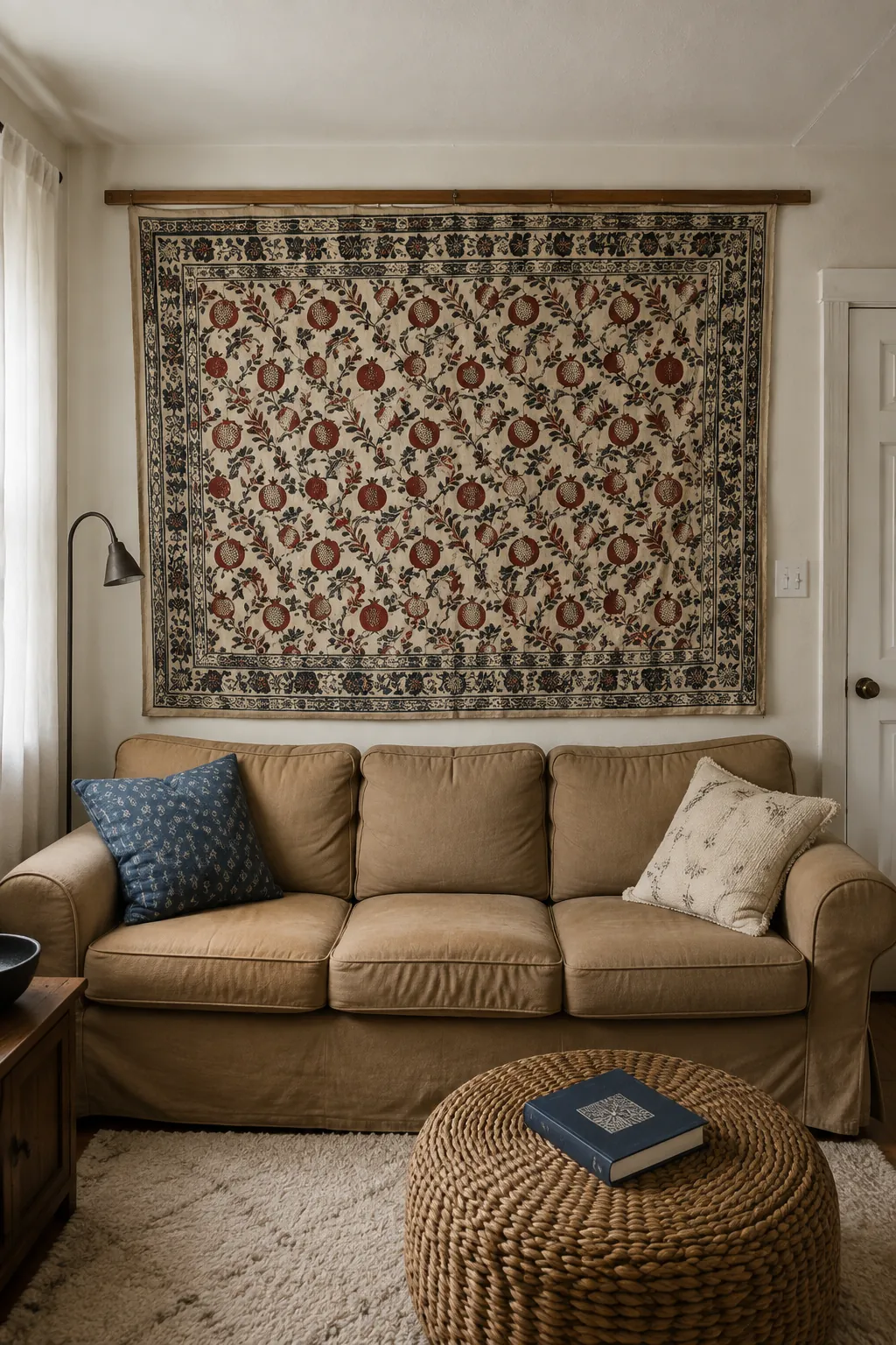 Hand stamped block print tapestry above a tan sofa