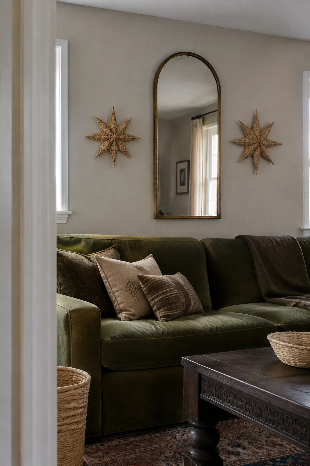 Arched mirror with woven fiber accents over a sofa
