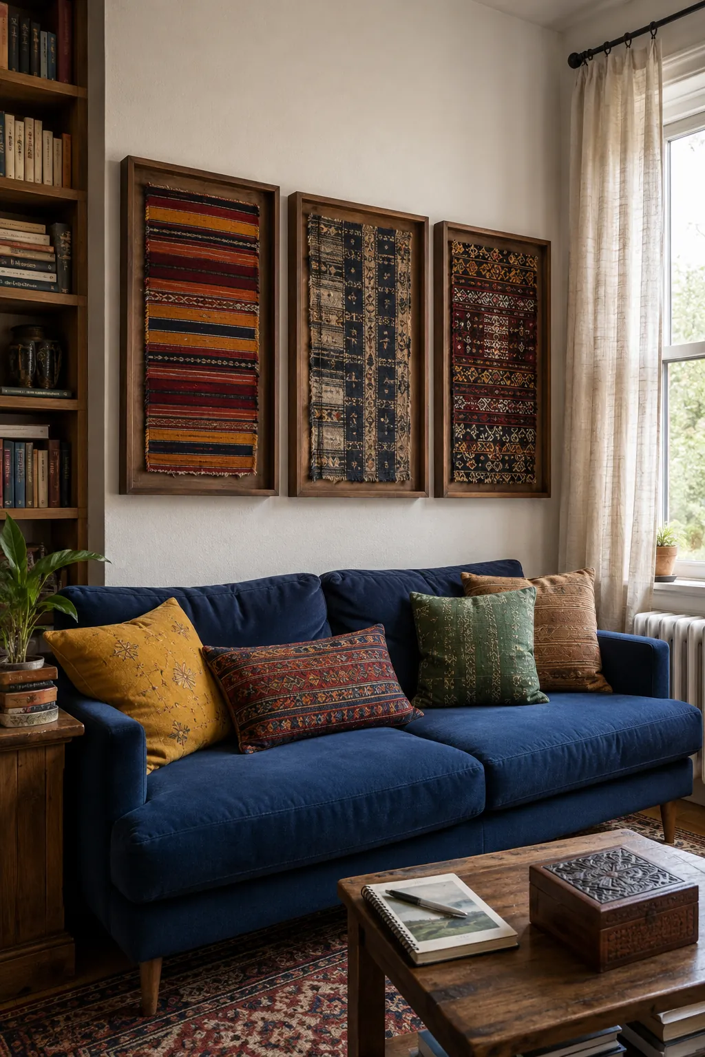 Layered travel textile trio above a collected living room sofa