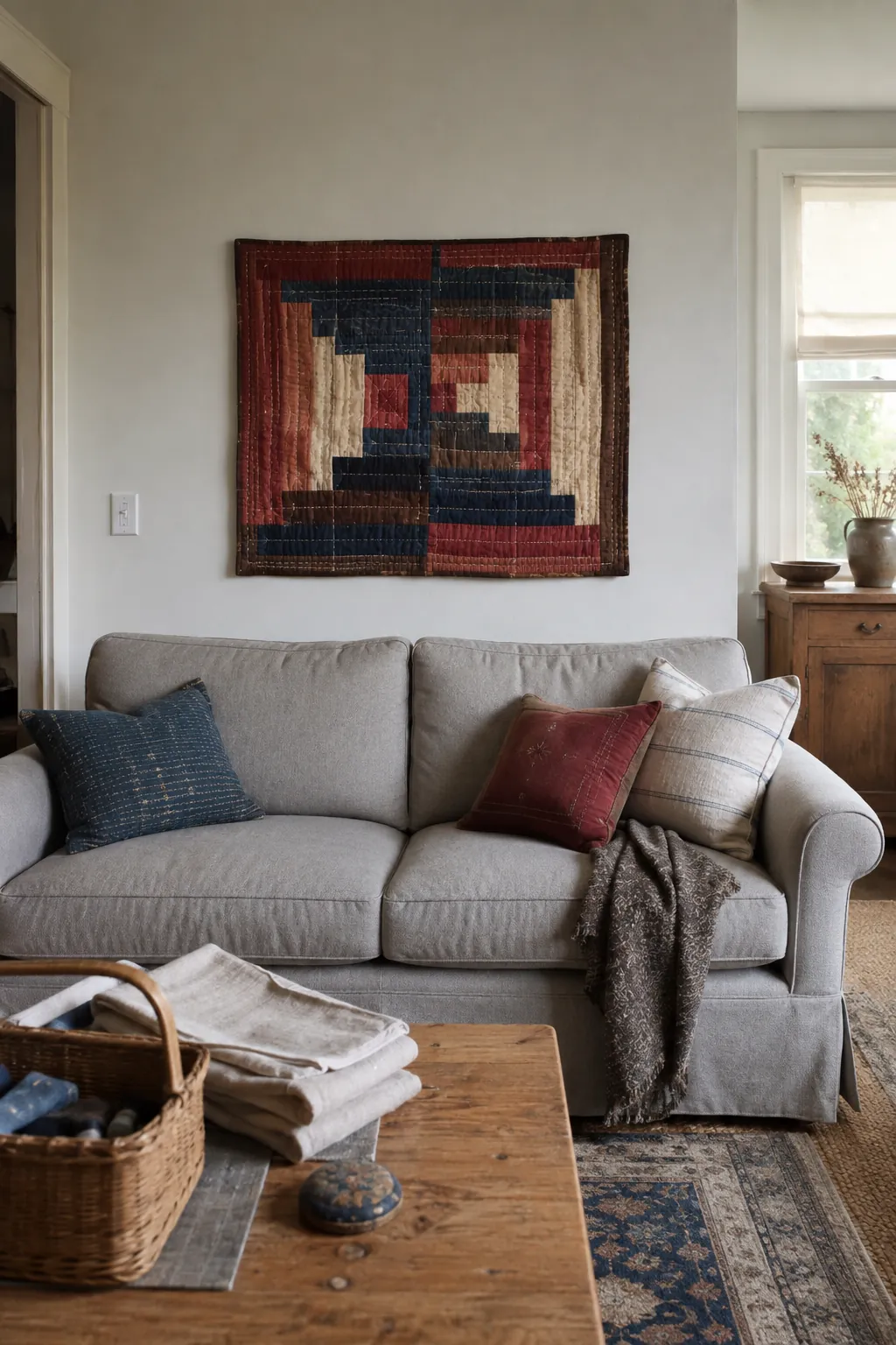 Natural dye quilt panel displayed over a simple sofa